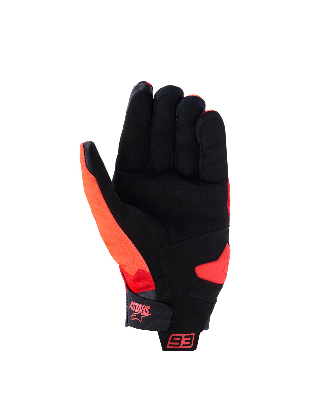 Gants Alpinestars MM93 Reef V2, vue de la paume, rouge fluo, rouge vif et noir, dotés d'une paume en suède synthétique avec renfort rembourré, sangle de poignet à boucles et crochets avec logo Astars et marquage 93, gants de moto urbains