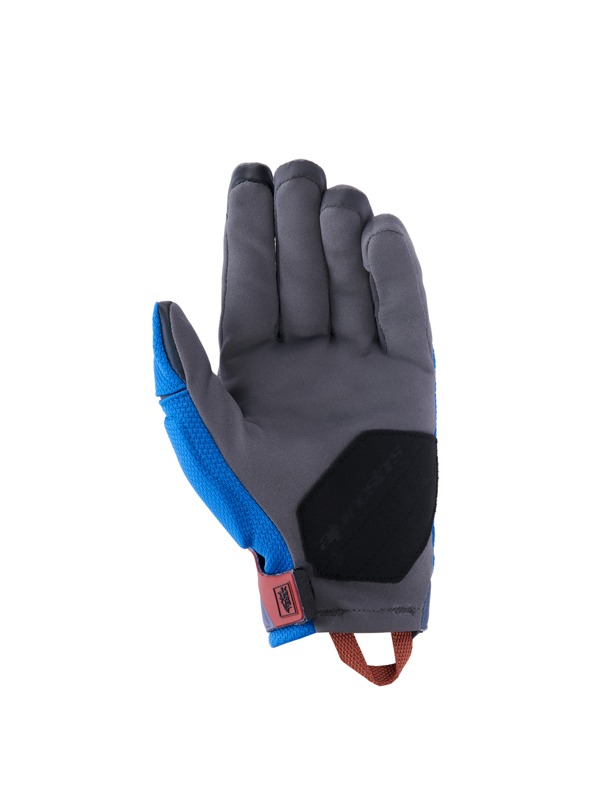 Gants Alpinestars Durack, gants de moto d'aventure, bleu royal et gris foncé, vue de la paume présentant une construction en suède synthétique gris, rembourrage de renfort noir à la base, patte de poignet rouge et boucle de tirage orange.