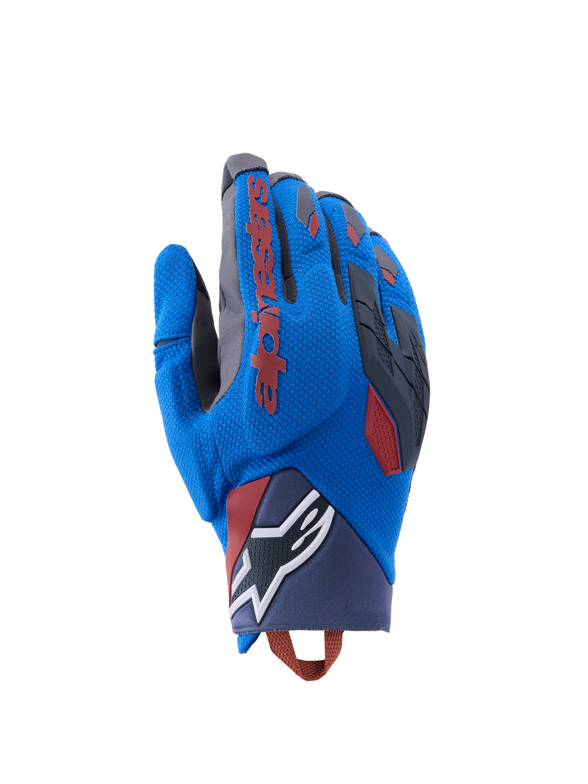 Gants Alpinestars Durack, gants de moto d'aventure, bleu roi et gris foncé, dos en textile avec protection des articulations en TPR, logo Alpinestars rouge sur l'index, logo étoile blanc au poignet, protection légère pour le dual sport en été