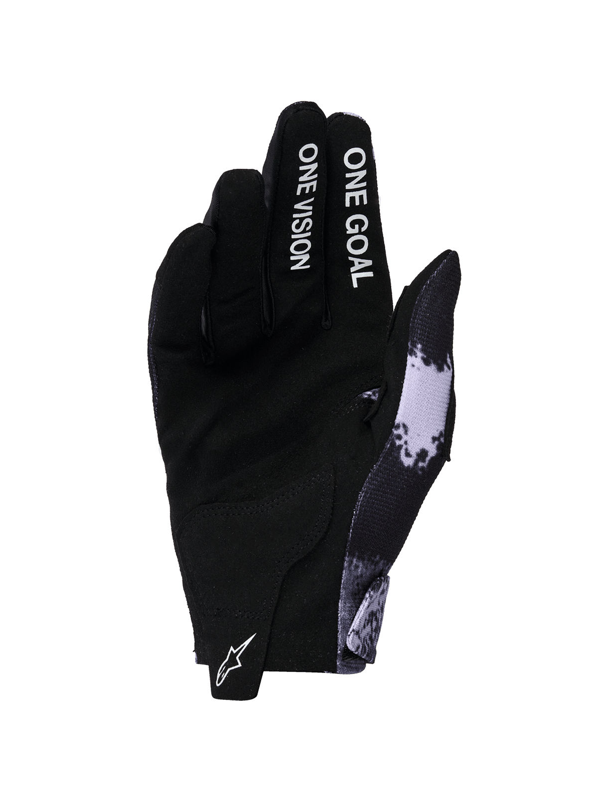 Gants Alpinestars Radar 2026, gants de motocross, Iron Camo et noir, vue de la paume présentant une construction en suède synthétique, texte 'ONE GOAL ONE VISION' sur les doigts, logo Astars blanc sur la tirette, design profilé pour la performance tout-terrain