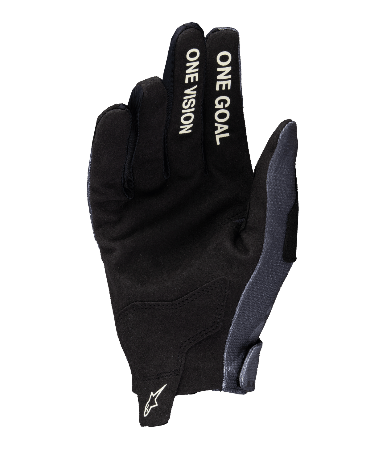 Gants Alpinestars Radar 2025, gants de motocross, gris et camo foncé, vue de la paume présentant une construction en daim synthétique, inscriptions blanches « ONE VISION » et « ONE GOAL » sur les doigts, et logo Astars blanc sur la tirette du poignet