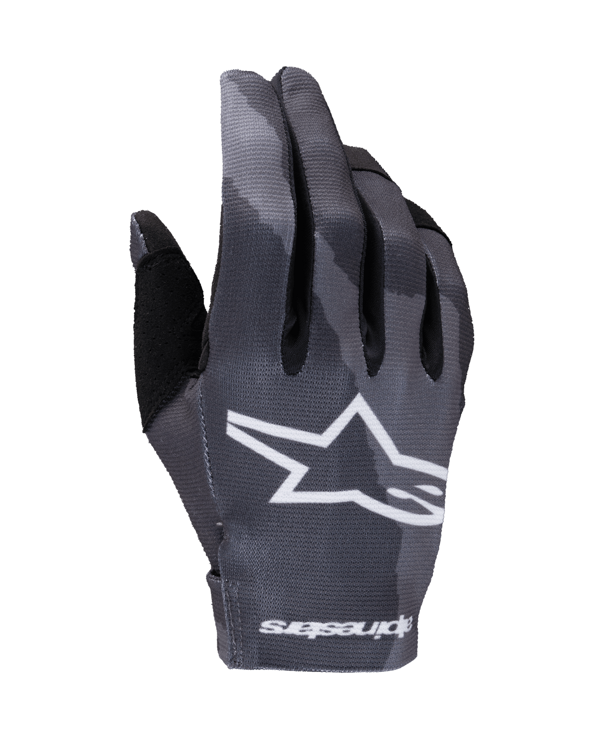 Gants Alpinestars Radar 2025, gants de motocross, motif camouflage sombre dans des tons de gris, avec un grand logo étoile blanc sur le dos de la main et l'inscription Alpinestars au poignet, construction légère et extensible pour la performance tout-terrain