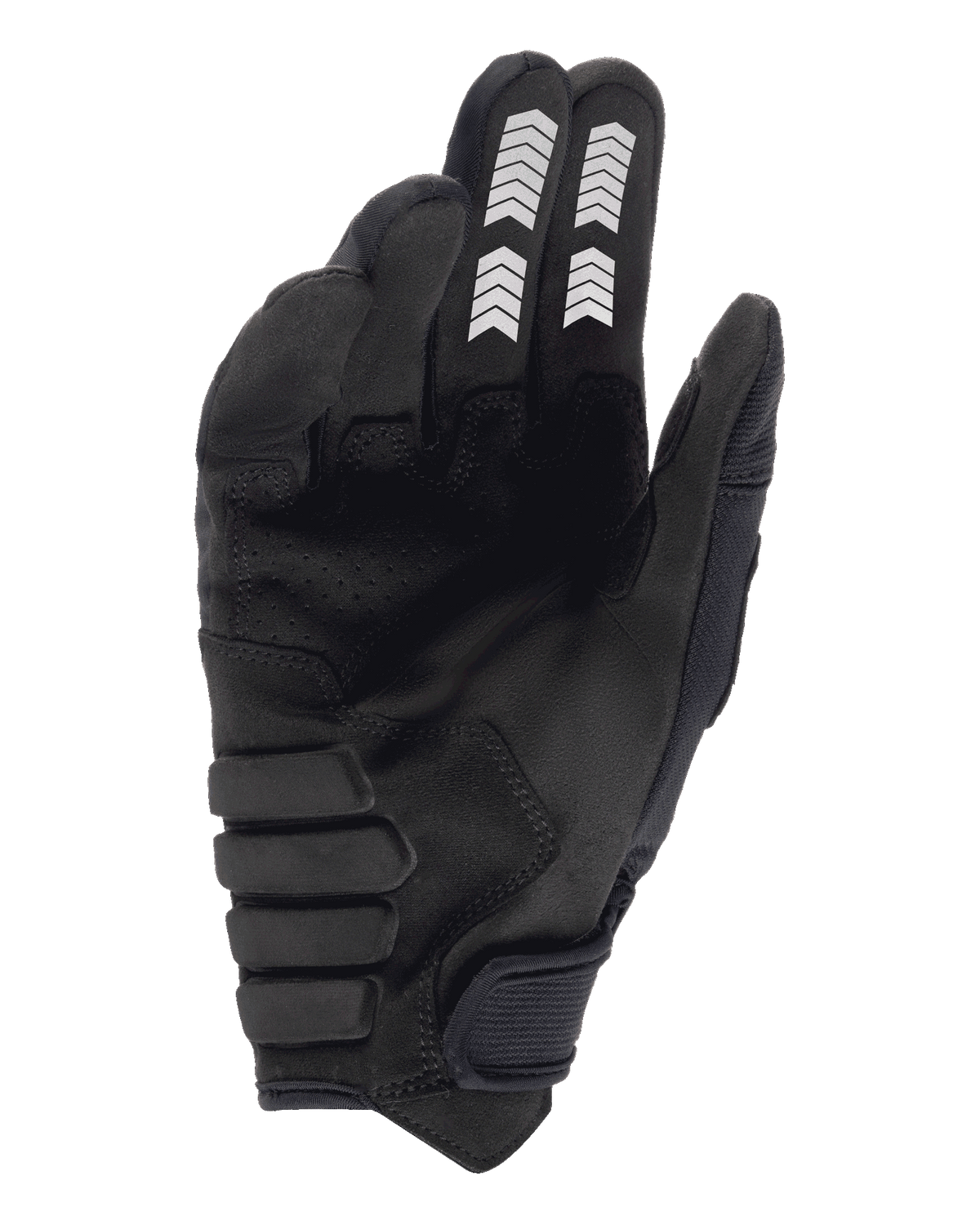 Gants Alpinestars Techdura, gants d'enduro, noir, vue de la paume en suédine synthétique, motifs de chevrons blancs sur l'index et le majeur, paume rembourrée renforcée et sangle de poignet auto-agrippante