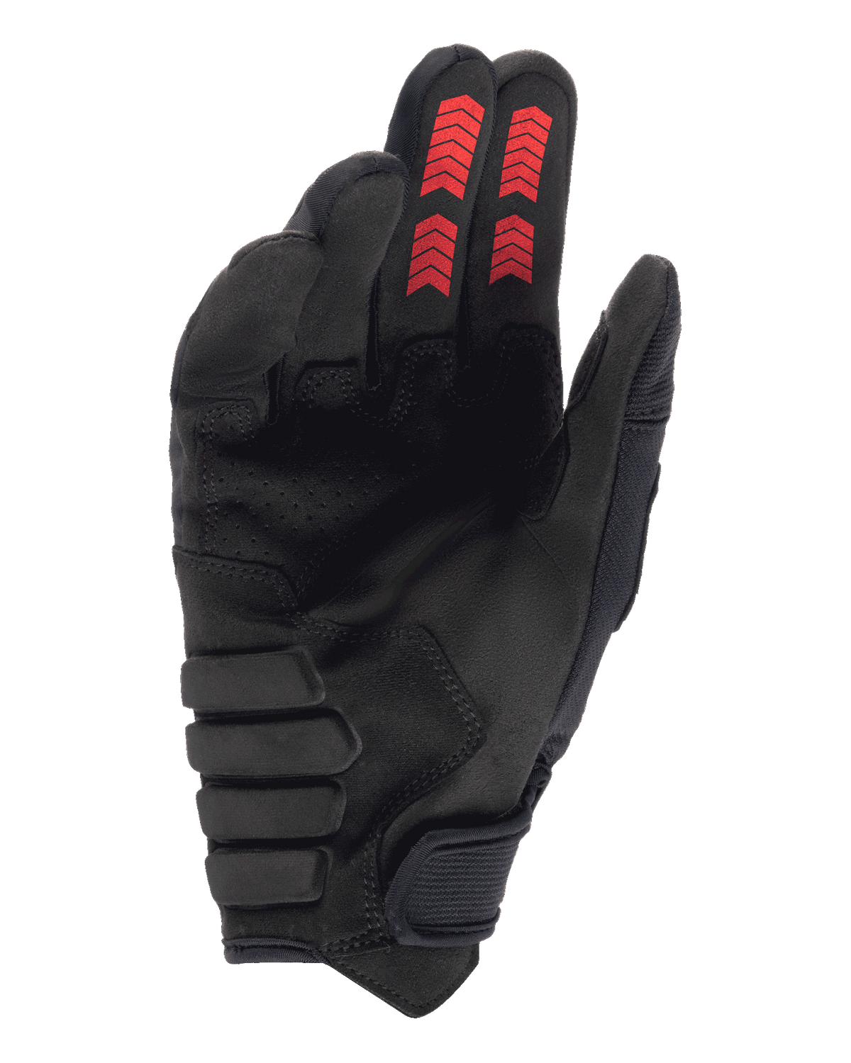Gants Alpinestars Techdura, gants d'enduro tout-terrain, noir et rouge feu, vue côté paume avec suédine synthétique renforcée, graphismes en chevrons rouges sur le bout des doigts et fermeture auto-agrippante au poignet.
