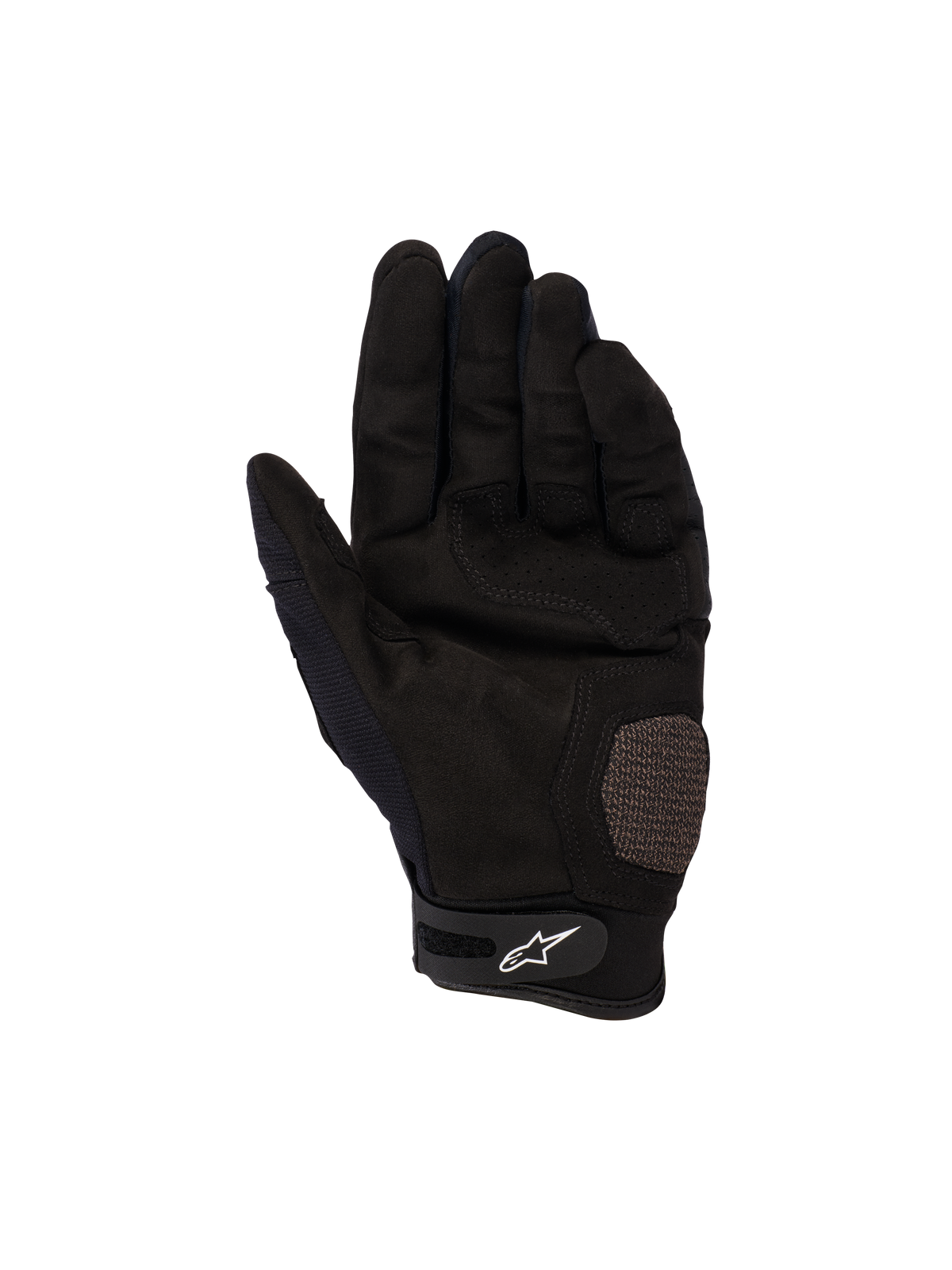Alpinestars Megawatt V2 Gloves, Motocross and Enduro Gloves, Black, palm view showing reinforced palm and thumb sections, perforated texture for ventilation, Velcro wrist strap with white Alpinestars logo