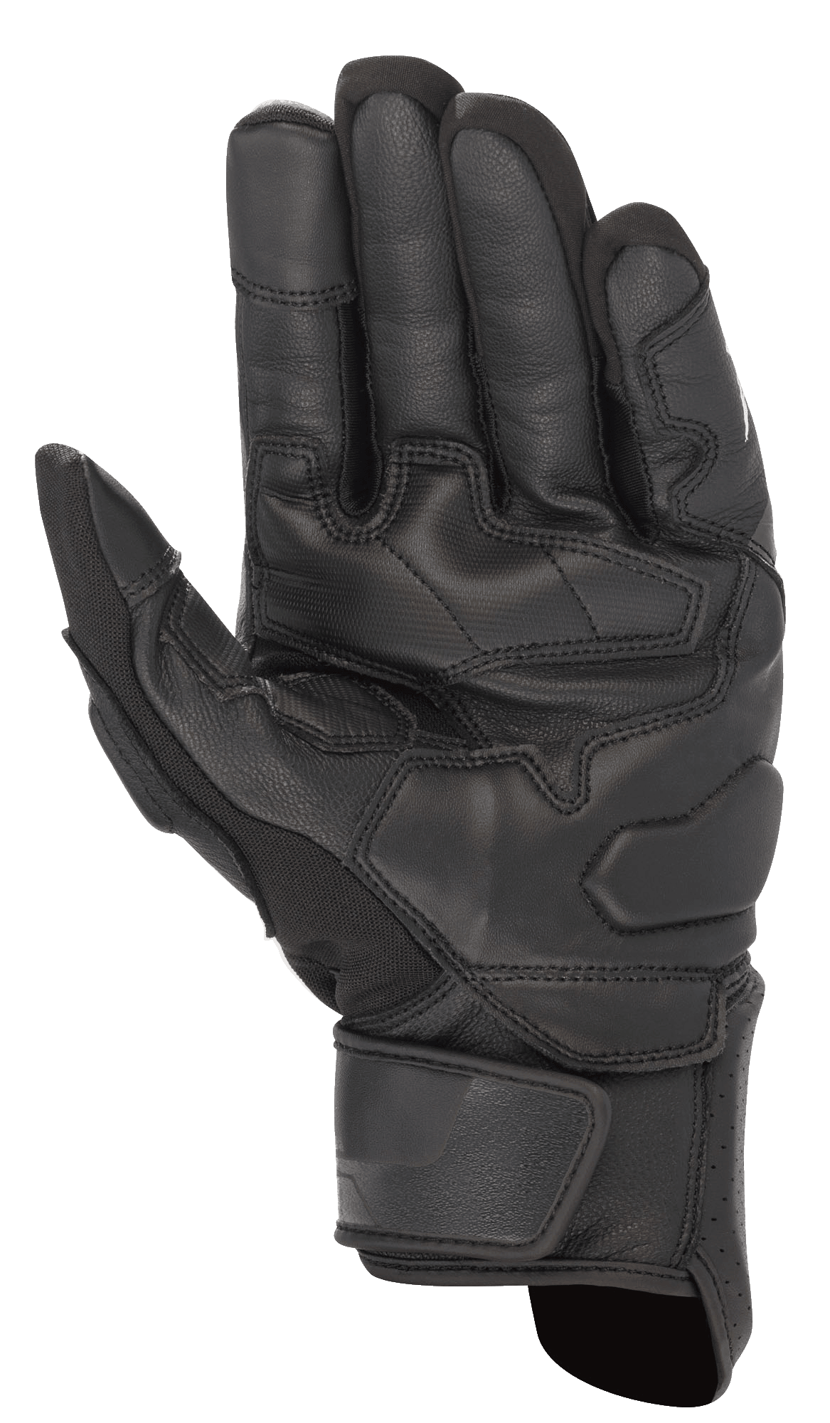 Gants Alpinestars Booster V2, noirs, vue de la paume du gant de moto montrant la construction en cuir durable, les panneaux de préhension renforcés sur la paume et le pouce, et une sangle de poignet réglable.