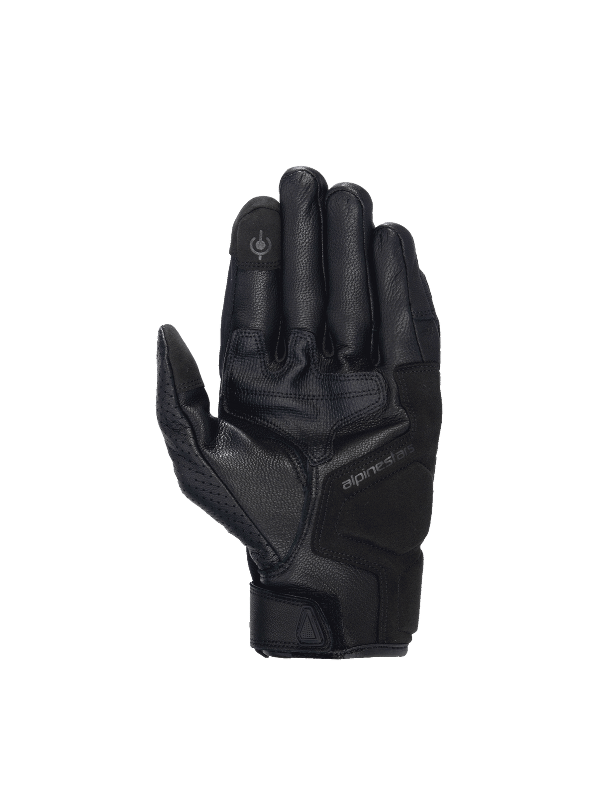 Alpinestars Celer V3, gants de moto de route noirs en cuir de chèvre, index compatible écrans tactiles, vue de la paume.