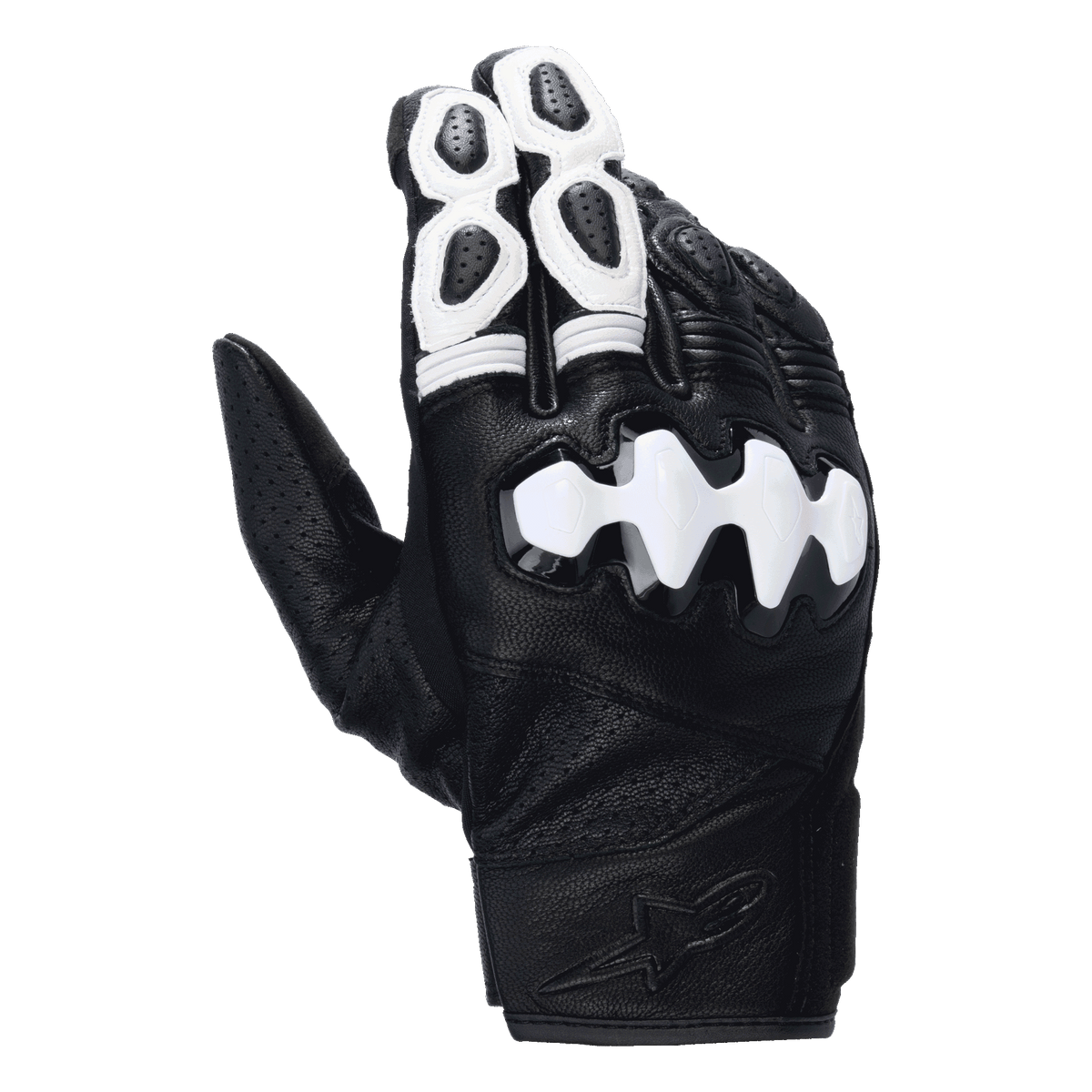 Gants Alpinestars Celer V3, gants de moto à manchette courte, noirs et blancs, en cuir avec protection des phalanges segmentée.