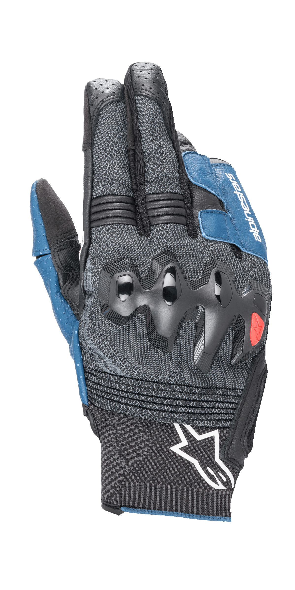 Alpinestars Morph Sport Gloves, gants de moto, noir et bleu sodalite, protections de phalanges sur-injectées, dos en MorphTech Weave avec inserts RIDEKNIT, logo étoile blanc sur la manchette, tissu technique texturé pour la course sur route