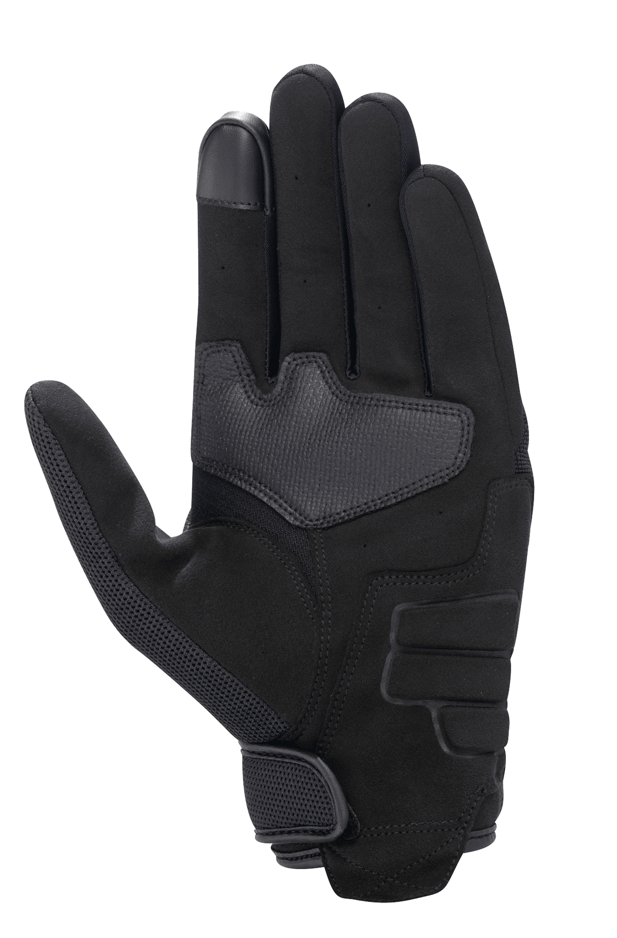 Alpinestars Honda Copper Glove, Noir, vue de la paume d'un gant de moto urbain avec construction en daim synthétique, paume renforcée, bout de doigt compatible avec les écrans tactiles et fermeture par crochet et boucle au poignet.
