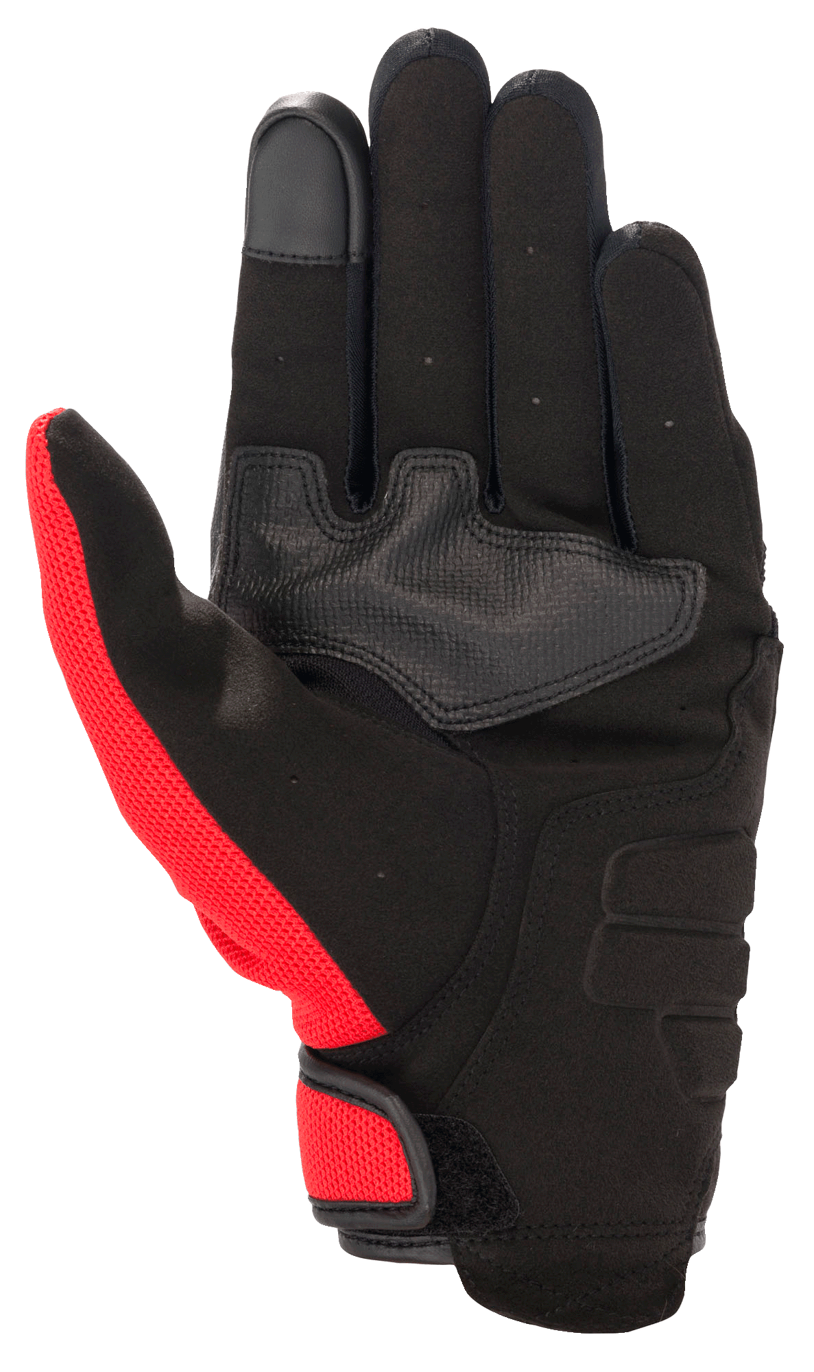 Gant Alpinestars Honda Copper, gant de moto urbain, noir avec des accents rouge vif, vue de la paume montrant le matériau en suède synthétique, renfort de paume, bout du doigt compatible avec les écrans tactiles et fermeture auto-agrippante.