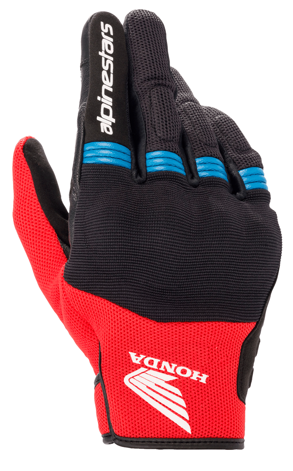 Alpinestars Honda Copper Glove, gants de moto noirs et rouge vif avec accents bleus, logo ailé Honda sur le dos de la main, marquage Alpinestars sur l'index, conception en mesh avec détails en accordéon sur les doigts, style urbain à manchette courte