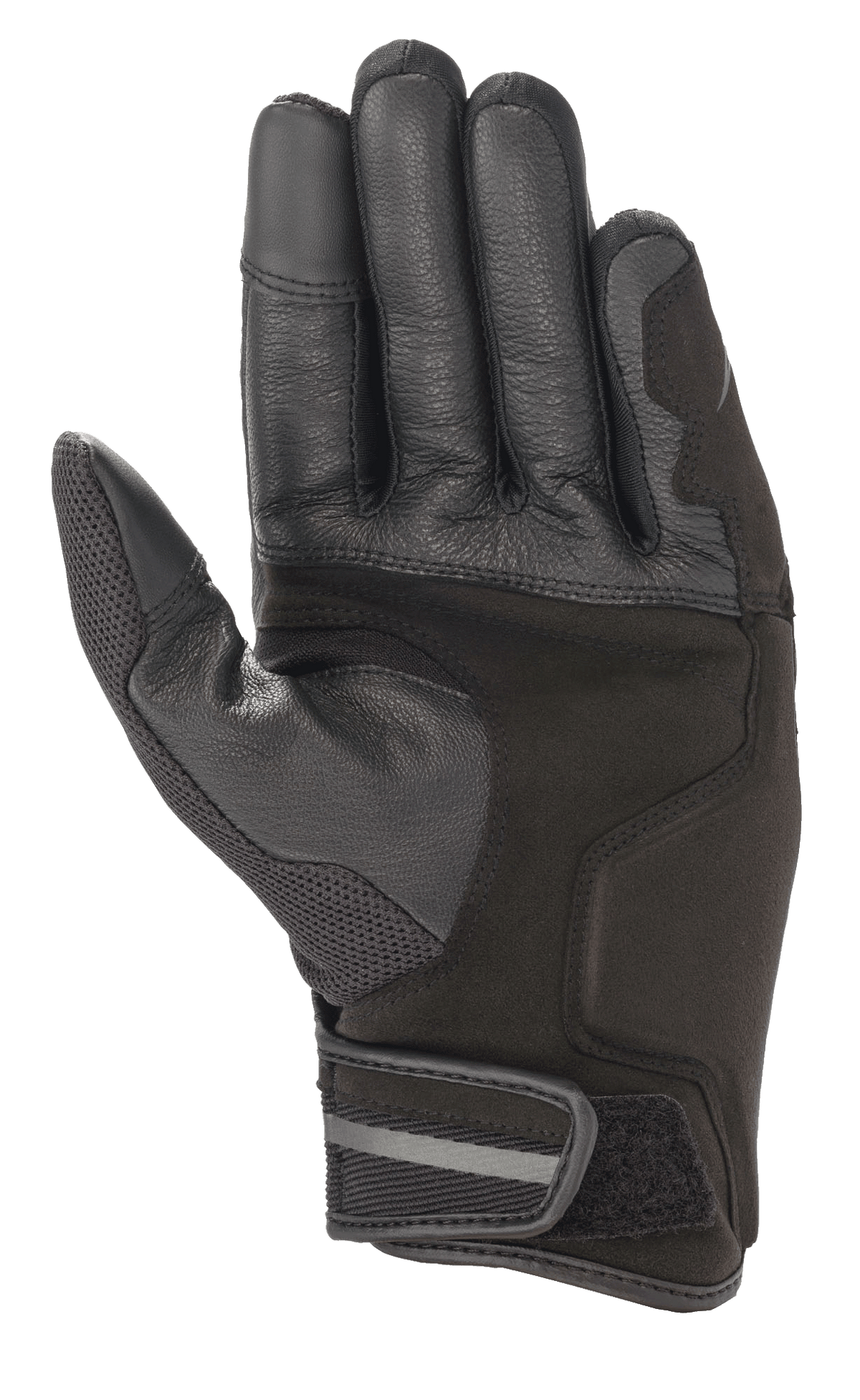 Gants Alpinestars Chrome, gants de moto, coloris Black Forest, vue de la paume avec construction en cuir renforcé et daim synthétique, empiècement en mesh au pouce, manchette courte avec fermeture velcro réglable et détail réfléchissant.