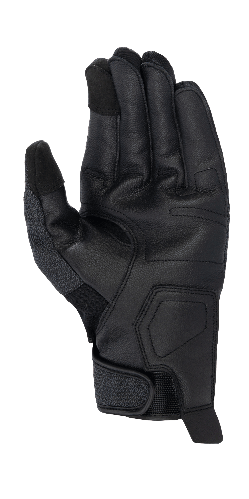 Alpinestars Morph Street Gloves, Black, Palm view of short-cuff motorcycle glove showing the textured leather palm, touchscreen compatible fingertips, and adjustable wrist closure, urban riding gear