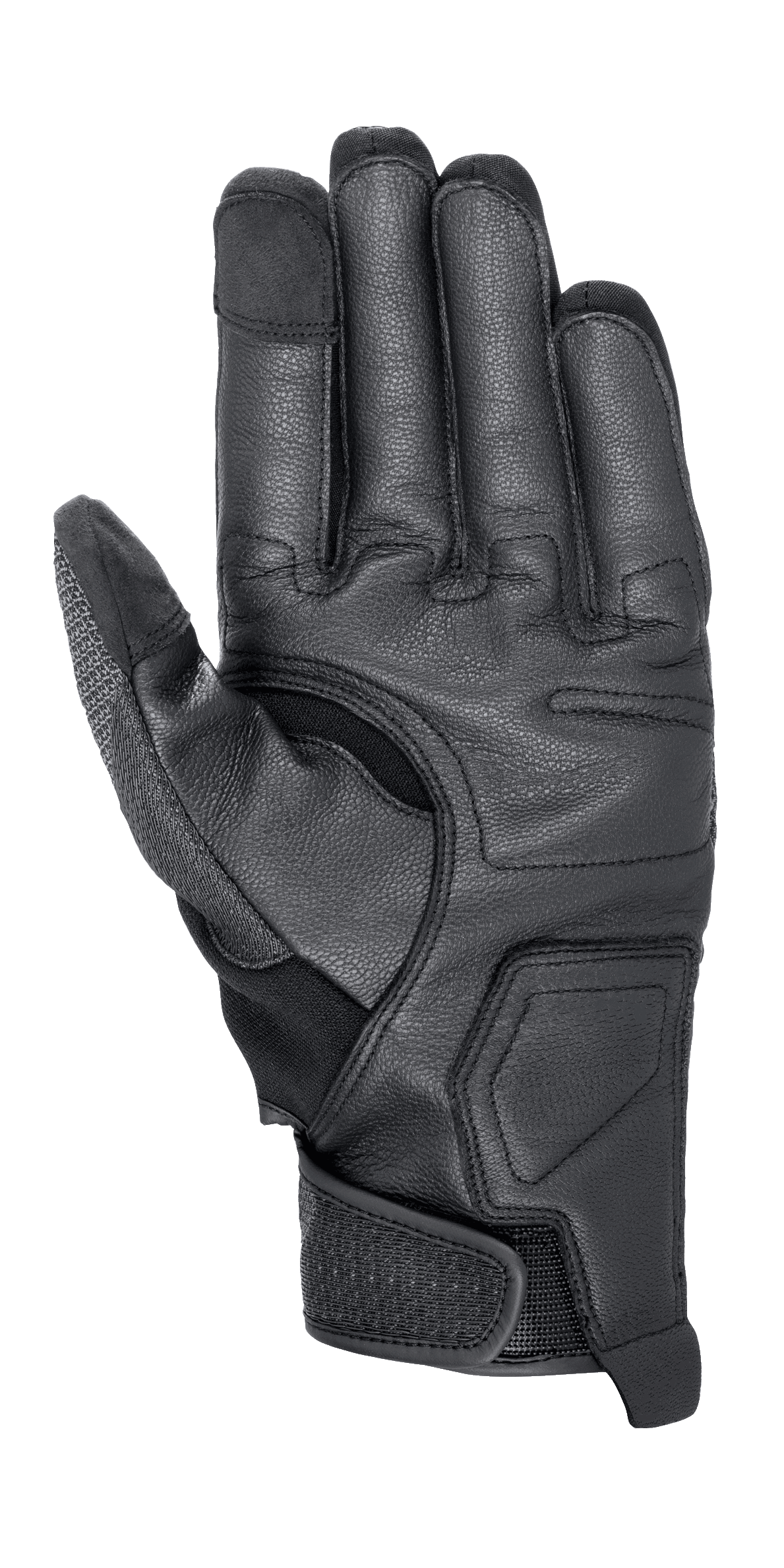 Gants Alpinestars Morph Street, gants de moto, noirs, vue de la paume montrant les panneaux de protection renforcés, bouts des doigts compatibles avec les écrans tactiles et sangle de poignet ajustable pour un maintien sûr