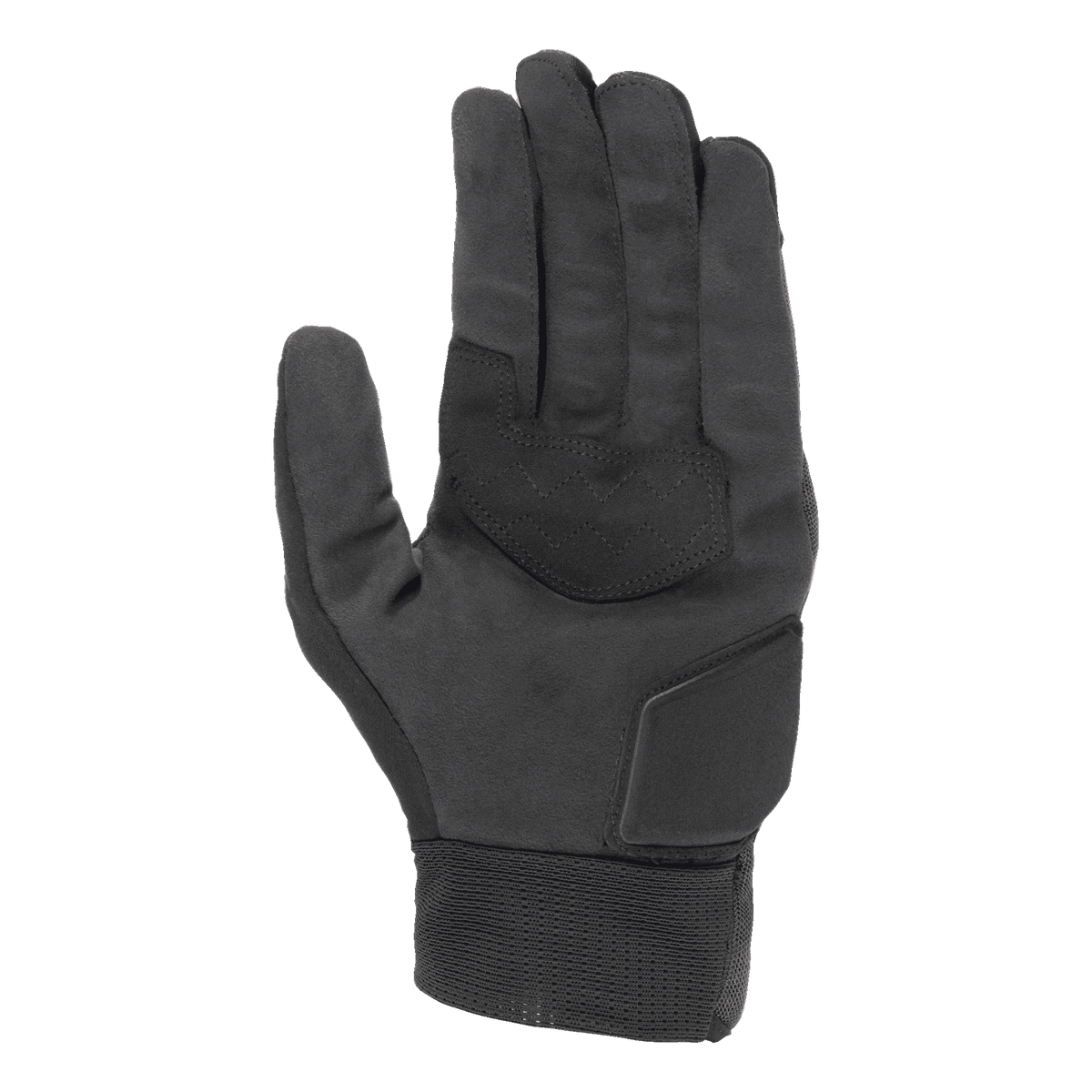 Gants Alpinestars Stated Air, noirs, vue de la paume montrant la texture en daim synthétique doux, paume renforcée avec coutures en zigzag pour l'adhérence, protection rembourrée du talon de la main et poignet élastique côtelé