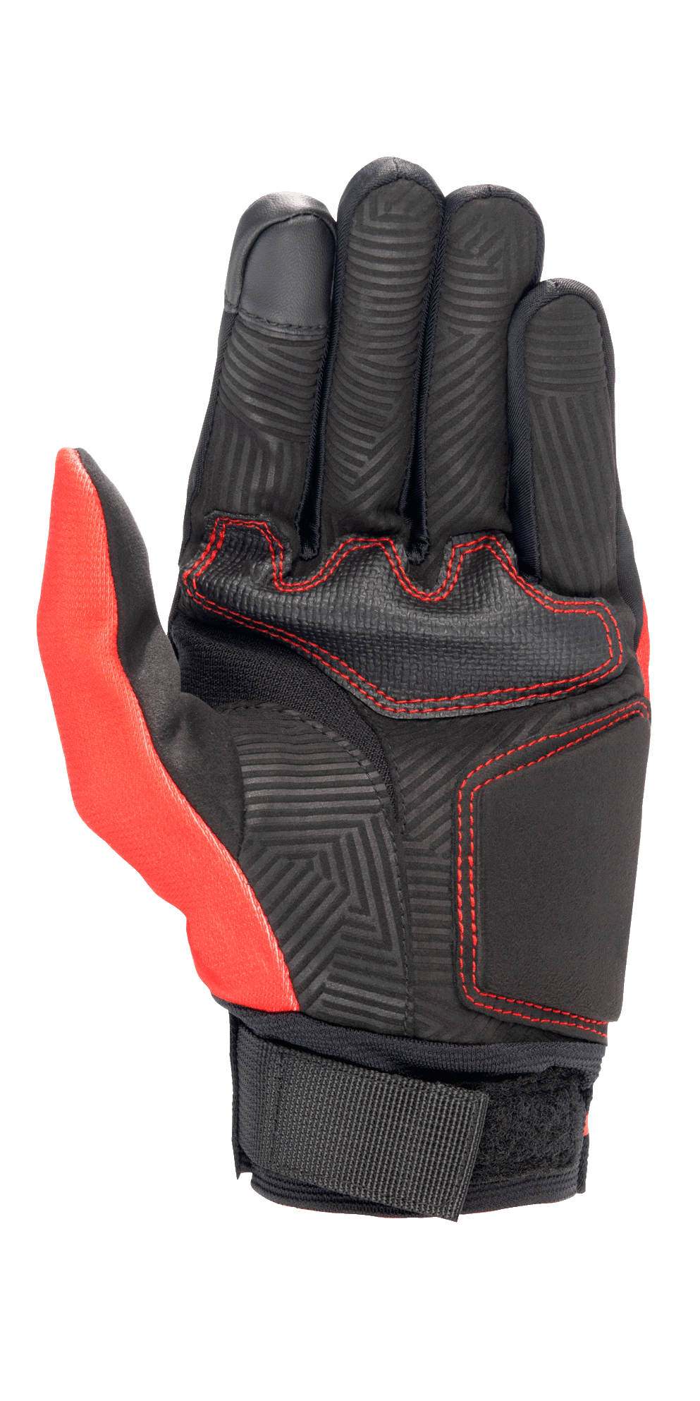 Gant Alpinestars Aragon en rouge vif et noir, vue de la paume montrant la construction en daim synthétique, surpiqûres rouges contrastées, tampon thermique à motif de labyrinthe sur les doigts et la paume, et sangle de poignet en sangle noire.
