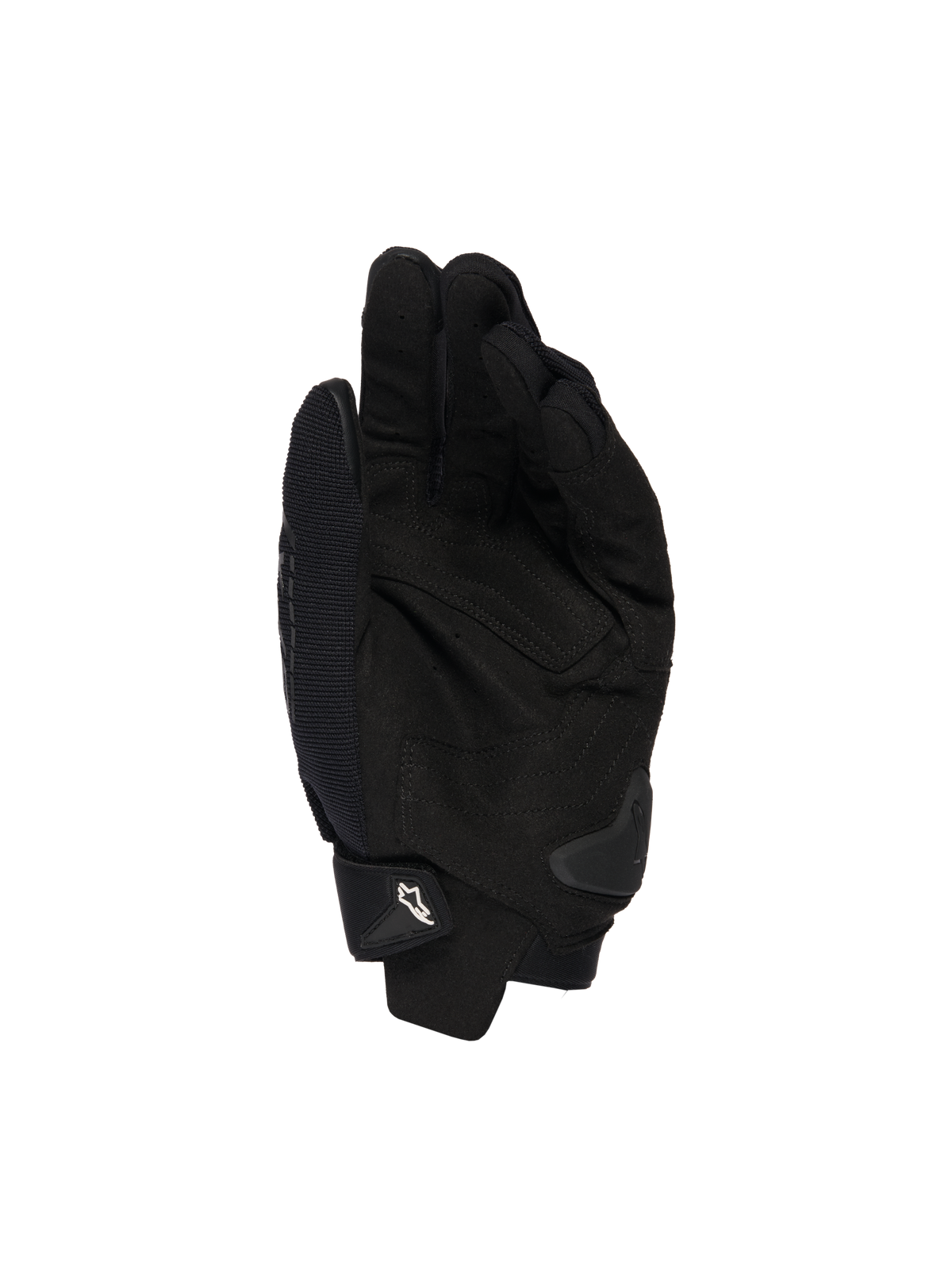 Gants Alpinestars SP X 1, noirs, vue de la paume montrant la construction en cuir synthétique pour l'adhérence, glissière de paume en TPR pour la protection contre les impacts, poignet ajustable avec logo Alpinestars blanc, équipement de sport moto