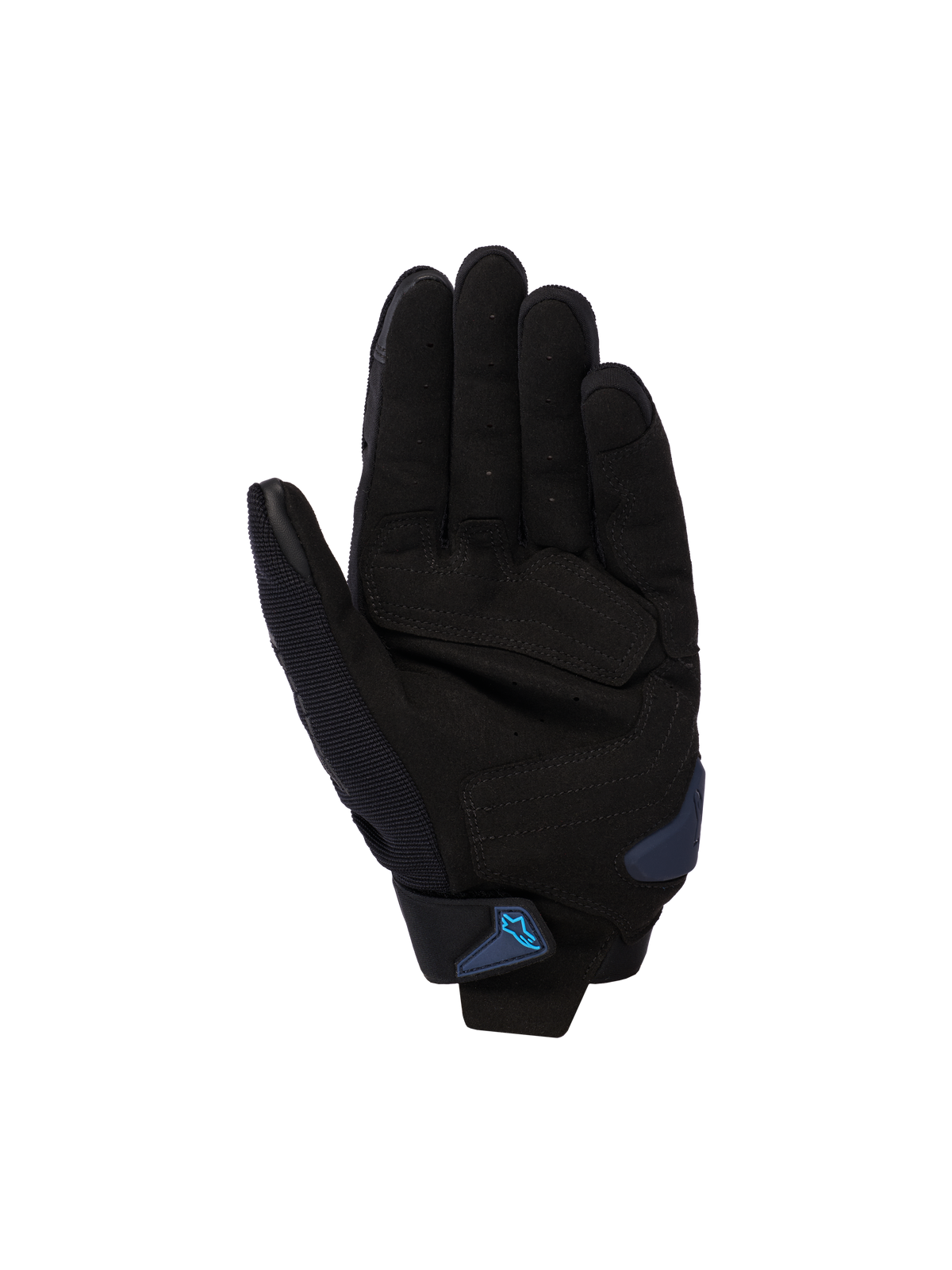 Gants Alpinestars SP X 1, Noir et Bleu Blithe, vue de la paume montrant une paume en cuir synthétique avec zones de frappe renforcées, slider de paume bleu et sangle de poignet avec logo Alpinestars bleu, équipement de route pour moto de sport