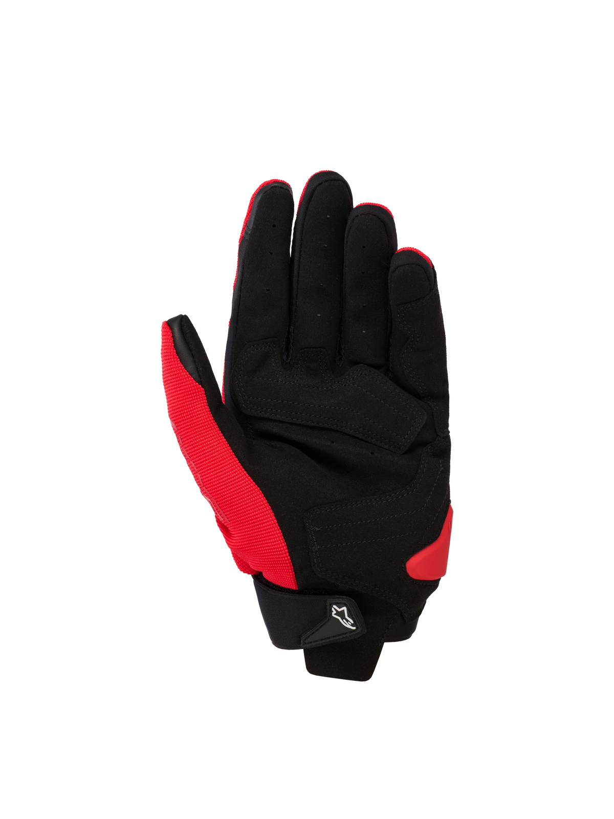 Gants Alpinestars SP X 1, gants de moto sport, rouge vif et noir, vue de la paume montrant une paume en cuir synthétique avec zones renforcées, tissu extensible rouge sur le côté et le pouce, manchette noire avec une petite languette à logo Astars blanc, et slider de paume en TPR rouge