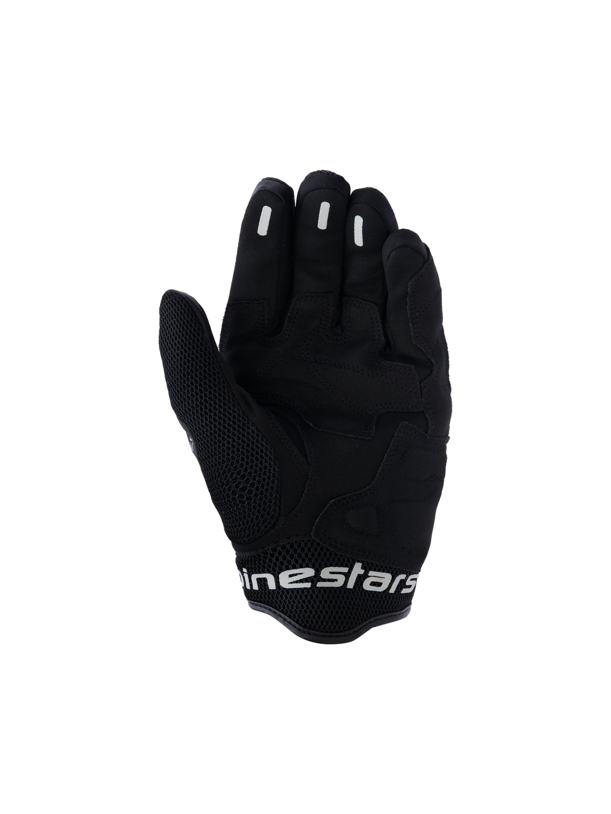 Gants Alpinestars Mogress Airflow, gants de moto urbains, noir anthracite, vue de la paume présentant des renforts synthétiques et des zones en maille 3D, inserts d'adhérence en silicone sur les doigts, manchette courte avec marquage blanc
