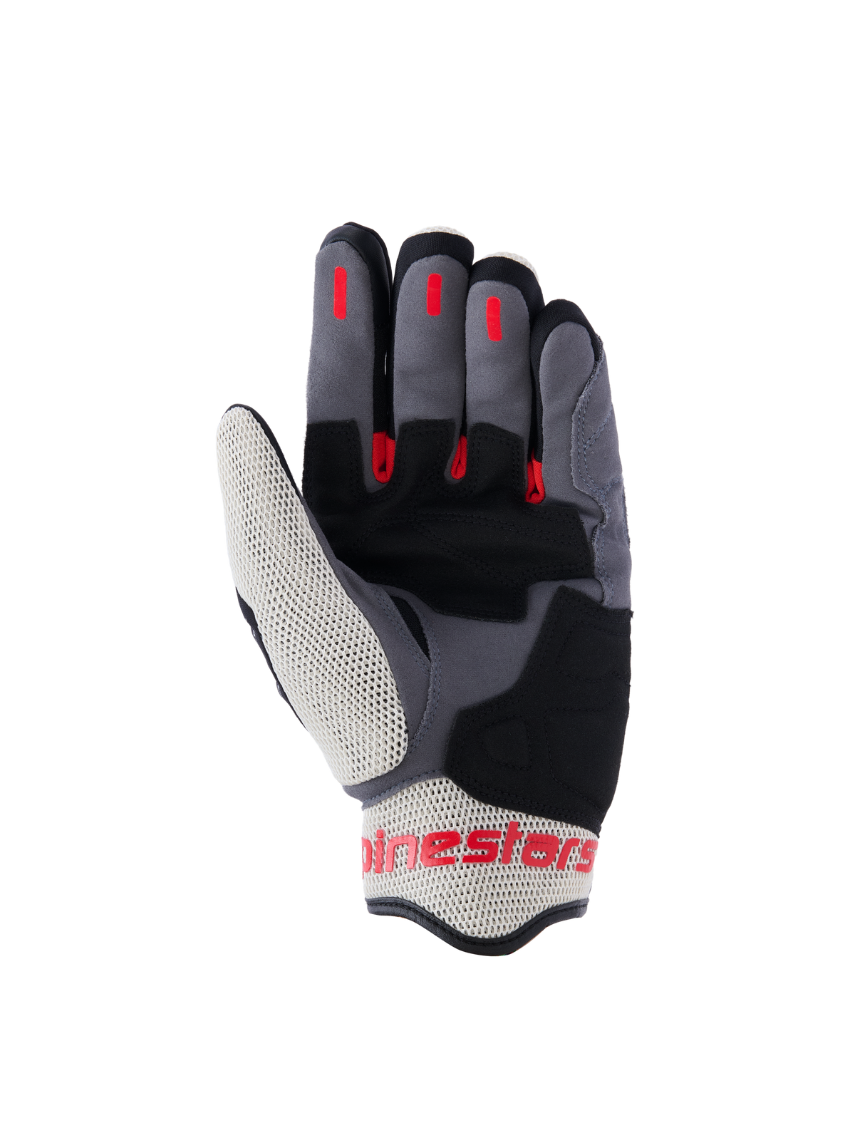 Gants Alpinestars Mogress Airflow, gants de moto urbains, Noir, Rouge Flamme et Écru, vue de la paume avec renforts en suède synthétique, inserts d'adhérence en silicone rouge sur les doigts et panneaux en maille respirante sur le pouce et le poignet.
