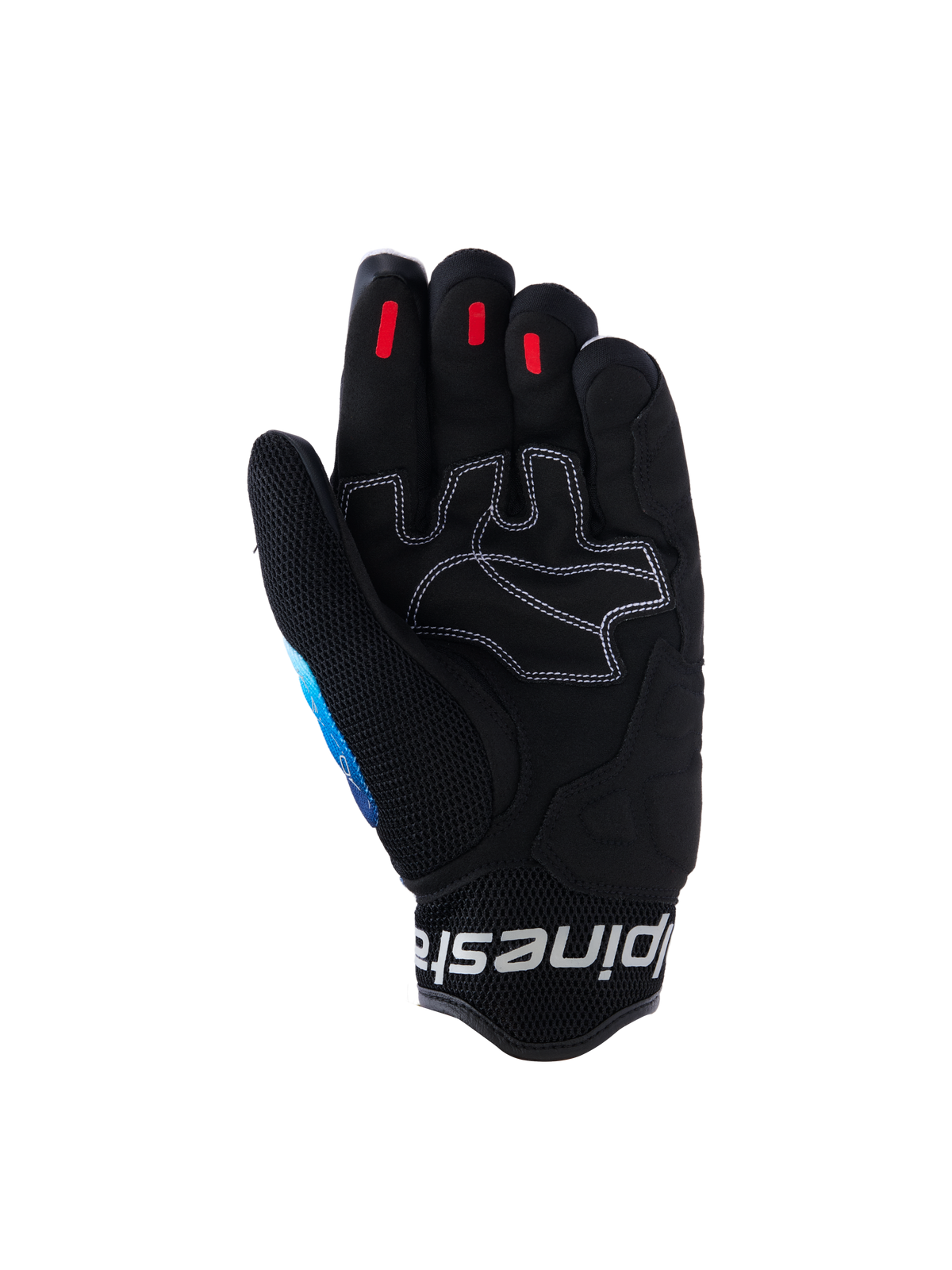 Gants Alpinestars Mogress Airflow, gants de moto urbains, bleu et noir dégradé, vue de la paume en cuir synthétique renforcé avec coutures contrastées blanches, inserts d'adhérence en silicone rouge sur le bout des doigts et manchette en maille 3D noire avec logo blanc.