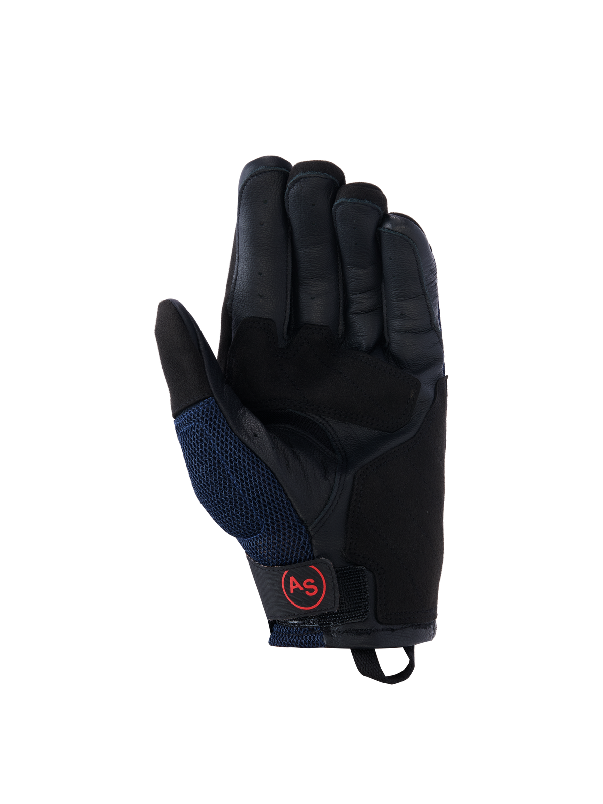 Gants Alpinestars Manti Air, gants de moto, bleu profond et noir, vue de la paume en cuir avec doigts perforés, panneaux latéraux en mesh et logo AS circulaire rouge sur la sangle du poignet, équipement de pilotage aventure