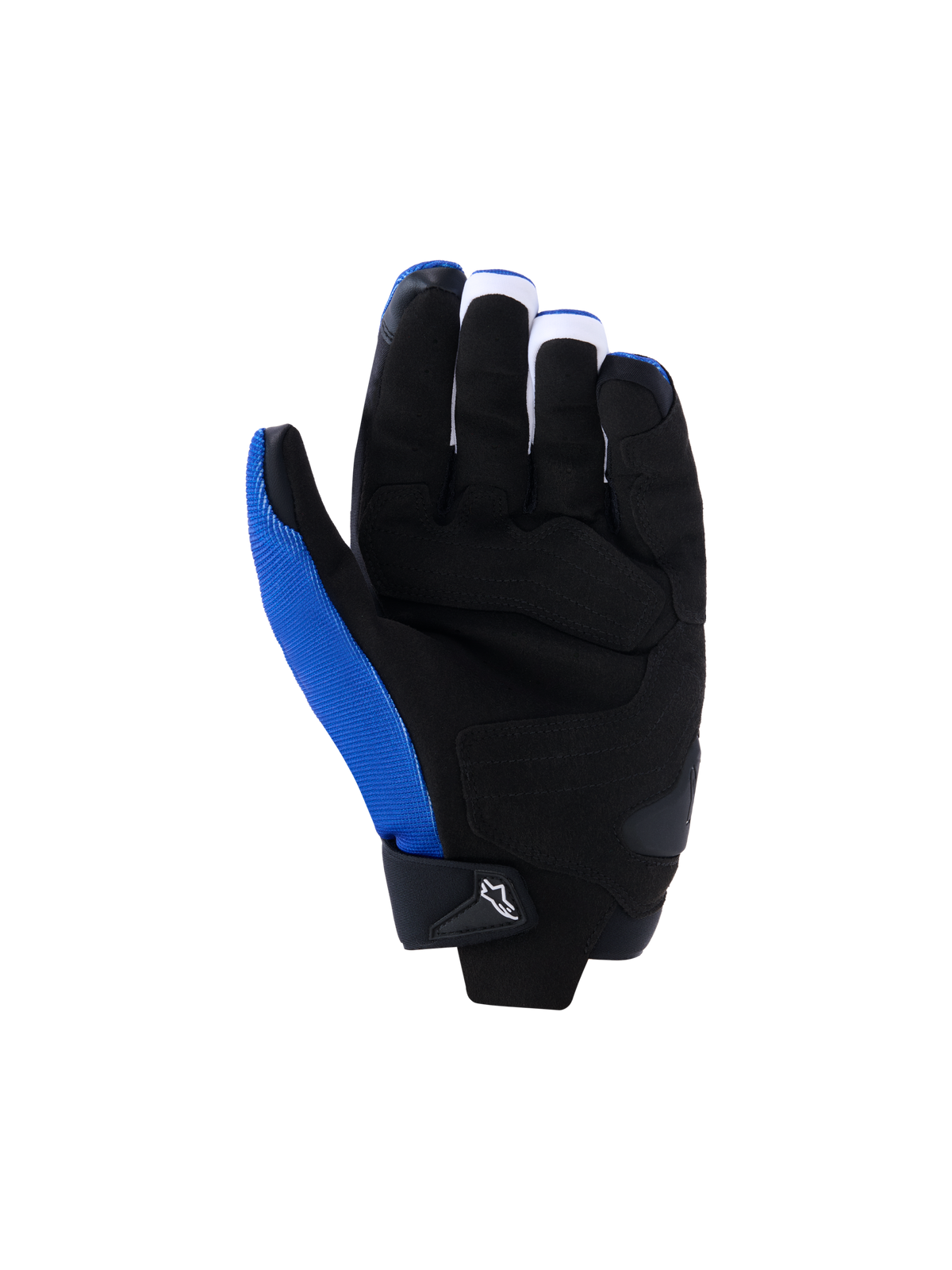 Gants Alpinestars FQ20 SP X 1, gants de moto, bleu, noir et rouge fluo, vue de la paume avec construction en cuir synthétique noir, panneaux d'adhérence et zones d'impact renforcés, textile bleu côté pouce, design racing sportif élégant