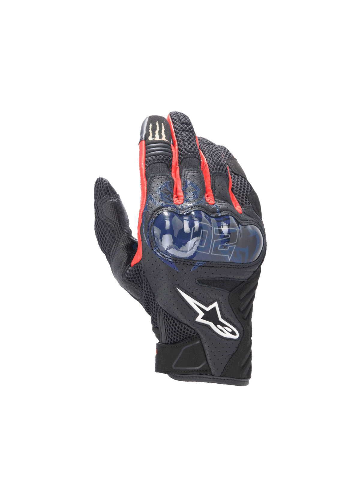 Alpinestars FQ20 SMX-1 Air V2 Monster, gants de moto noirs et bleus, protection rigide, cuir et maille aérée, Fabio Quartararo