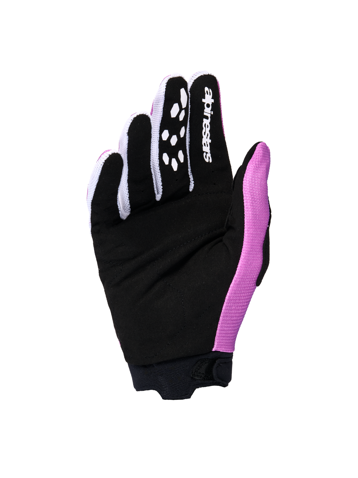 Alpinestars 2026 Woman Stella Full Bore V2 Gloves, palm view showing the Violet White and Black colorway, featuring a reinforced black synthetic suede palm, white Alpinestars logo on the index finger, and silicone grip patterns, designed for motocross performance.