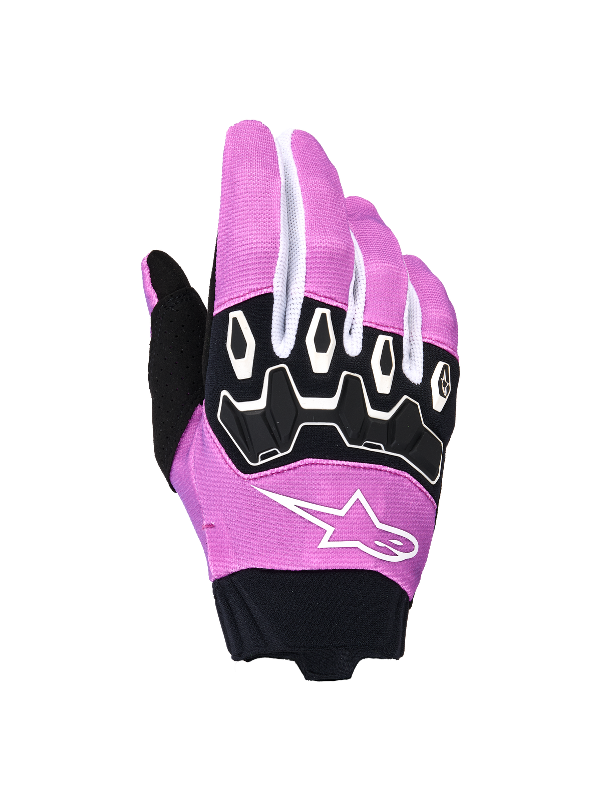 Alpinestars Stella Full Bore V2 Gloves, Women's Motocross Gloves, Violet White and Black, featuring ergonomic TPR knuckle protection, white Alpinestars star logo on violet stretch fabric, black neoprene cuff, off-road motorcycle racing gear