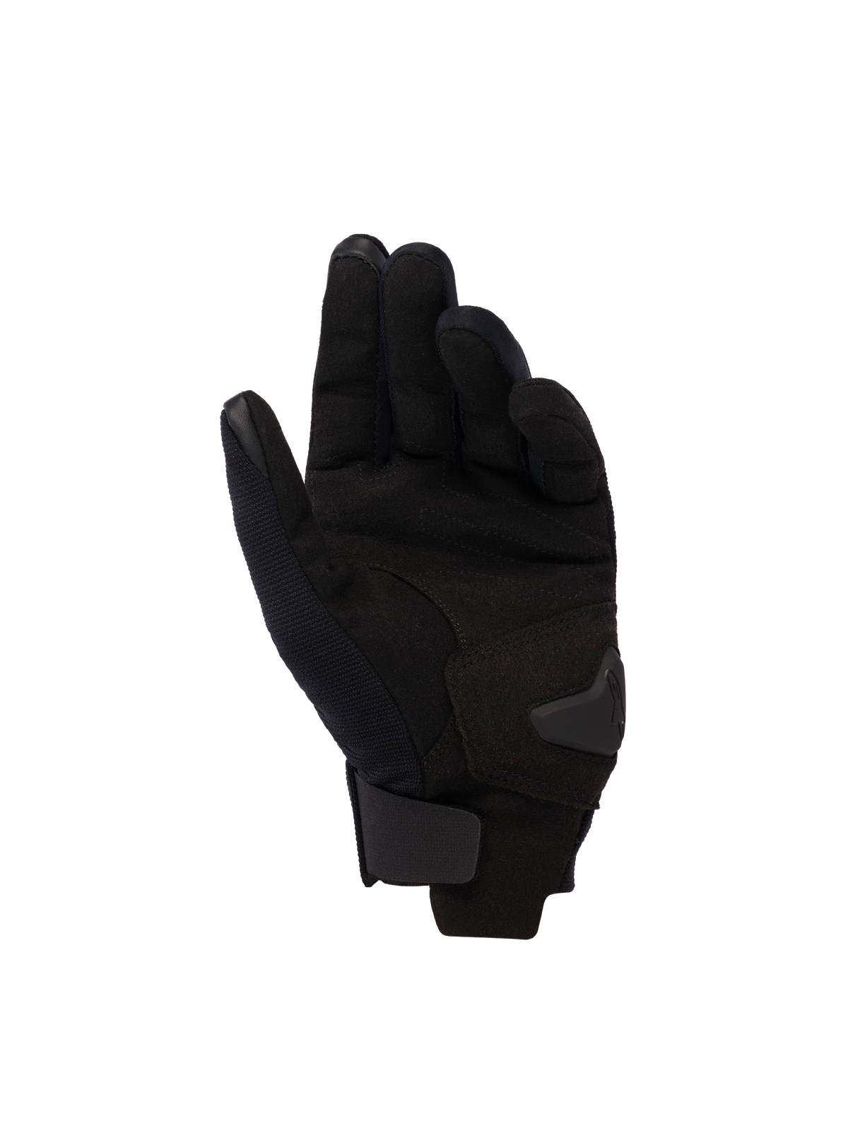 Alpinestars Reef Women's V2 Gloves, Palm View, Black Hawaiian Ocean, short-cuff women's motorcycle gloves featuring synthetic suede palm, touchscreen-compatible fingertips, and adjustable hook-and-loop wrist closure.