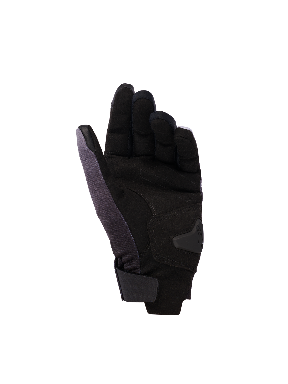 Gants Alpinestars Reef Femme v2, gants de moto pour femme, Gris Noir Rose Fluo, vue de la paume en suède synthétique avec renforts rembourrés, manchette courte avec fermeture à boucle et crochet, et cuir conducteur sur l'index et le pouce pour écrans tactiles