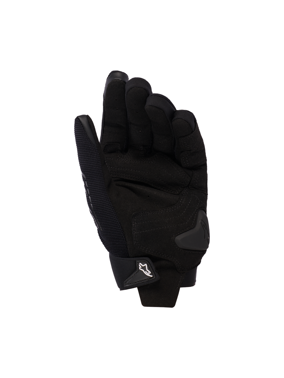 Gants de moto pour femme Alpinestars Stella SP X 3, noir, vue de la paume avec renforts en cuir synthétique, slider de paume en TPU et fermeture de poignet réglable avec logo blanc.