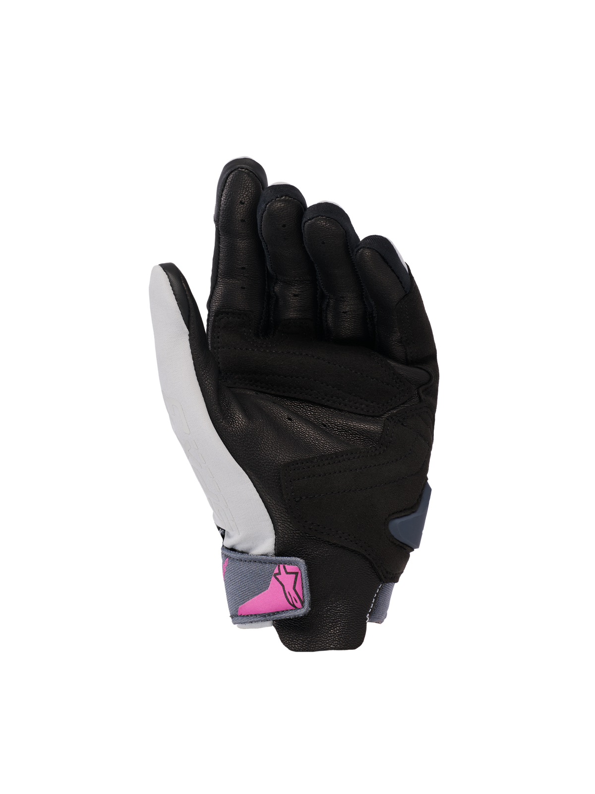 Gants Alpinestars Stella SP X 3, gants de moto pour femme, vue de la paume, gris moyen asphalte noir avec logo rose sur la sangle du poignet, paume en cuir perforé pour l'adhérence et la ventilation, design sportif pour la conduite sur route