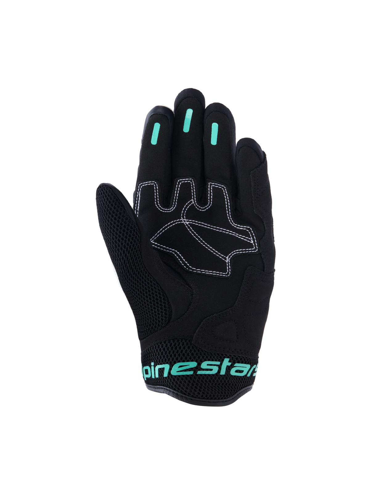 Gants Alpinestars Stella Mogress Airflow, gants de moto urbains pour femme, noir avec accents Tropical Teal, vue de la paume montrant les renforts synthétiques avec surpiqûres blanches, zone du pouce en mesh et inserts en silicone sur les doigts.