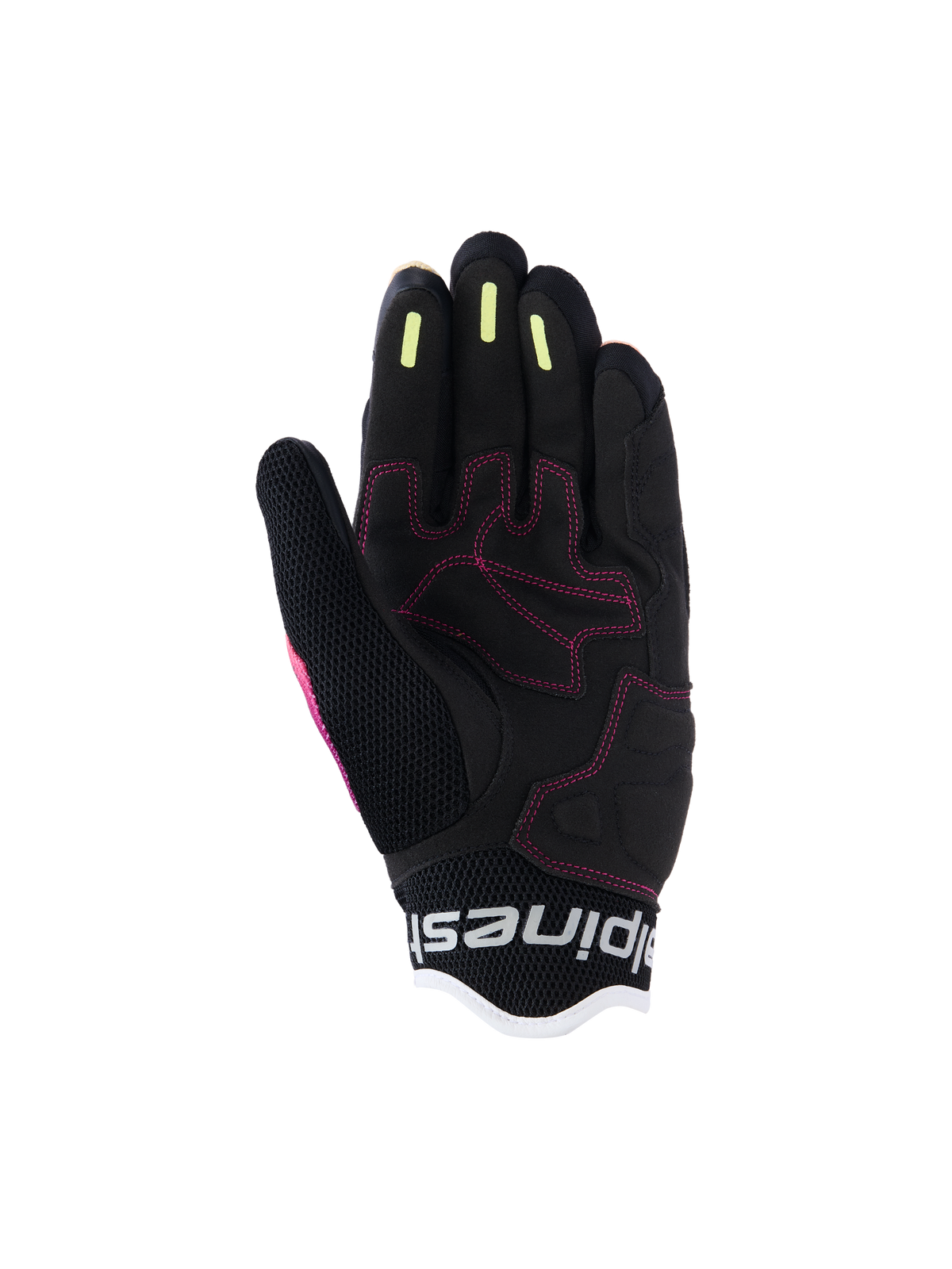Gants Alpinestars Stella Mogress Airflow pour femme, gants de moto urbains, Fading Coral Black, vue détaillée de la paume avec surpiqûres roses, bandes d'adhérence en silicone jaune sur les doigts et construction en maille respirante.