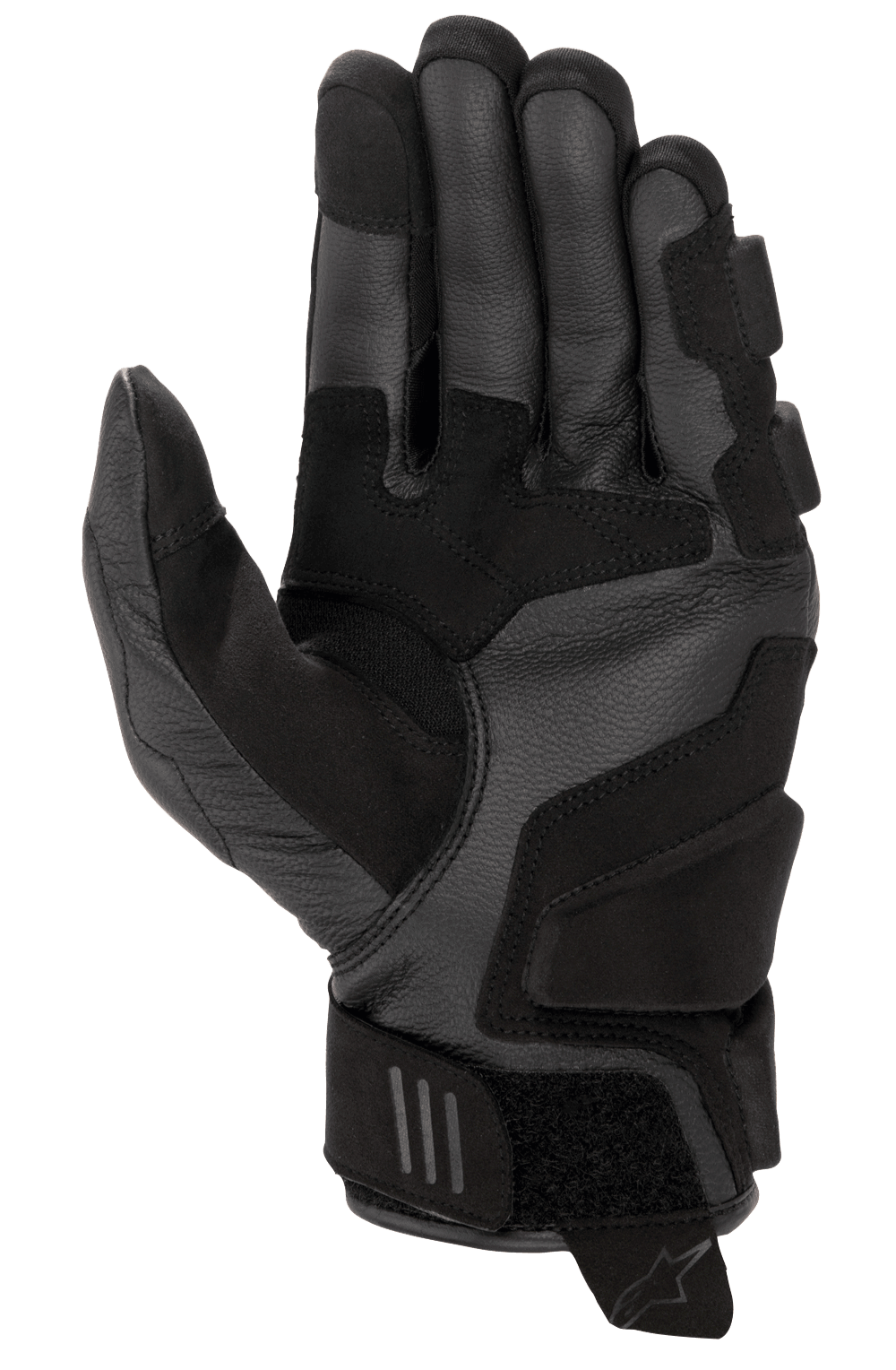Gants Alpinestars Stella Phenom Leather Air pour femme, noir, vue de la paume montrant la construction en cuir de chèvre renforcé, zones d'atterrissage rembourrées, inserts extensibles ergonomiques et sangle de poignet velcro avec languette de traction