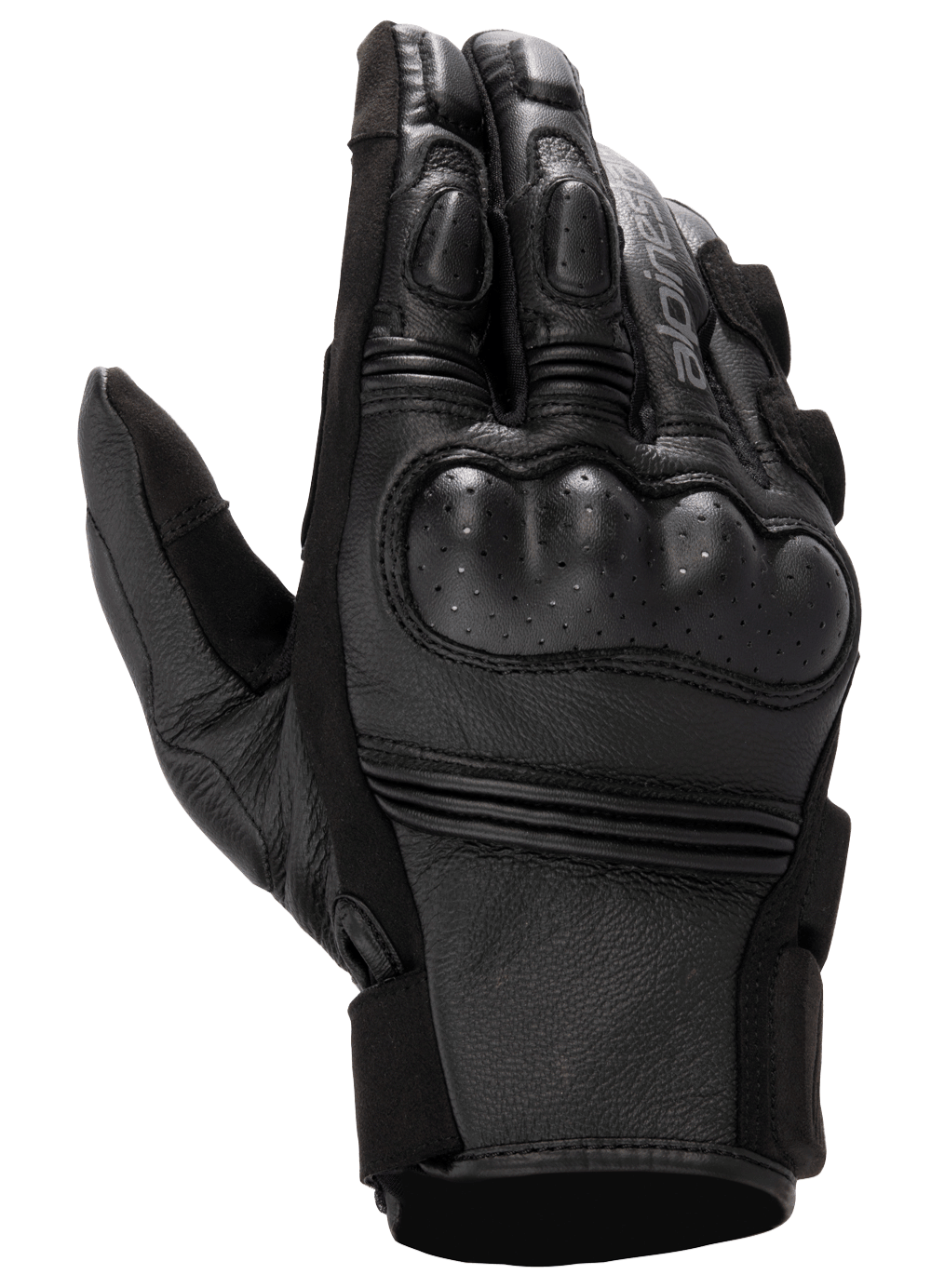 Alpinestars Stella Phenom Leather Air Glove, gants de moto pour femme, noirs, vue du dos de la main mettant en évidence la protection rigide perforée des articulations, les articulations des doigts rembourrées et la texture du cuir de qualité supérieure.