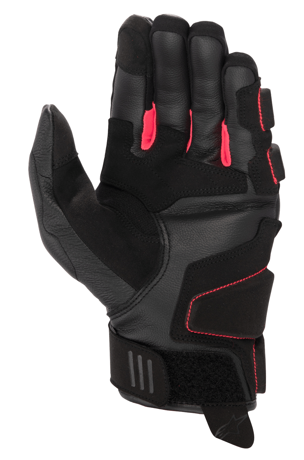 Alpinestars Stella Phenom Leather Air Glove pour femme, gants de moto, noir et rose Diva, vue du côté de la paume avec construction en cuir renforcé, fourchettes rose vif et manchette courte avec fermeture velcro réglable