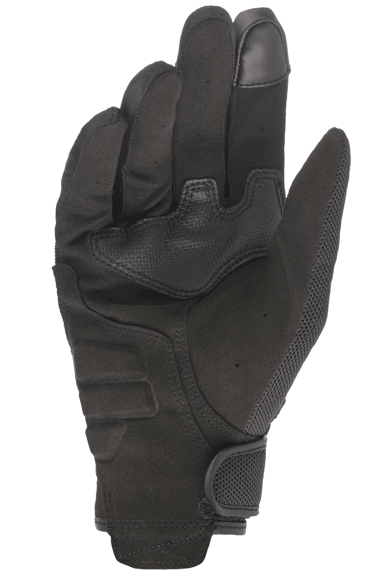 Gants de moto Alpinestars Stella Copper pour femme, vue de la paume, noirs, avec paume en daim synthétique et empiècements de renfort, bout du doigt compatible avec les écrans tactiles et fermeture du poignet par bande auto-agrippante