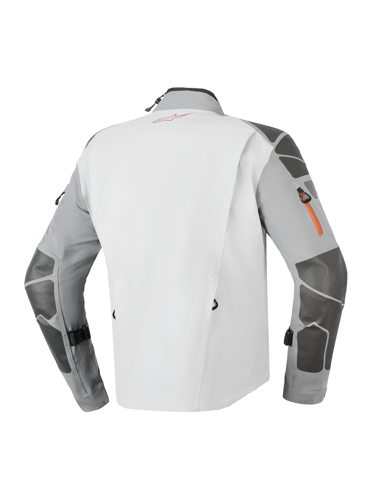 Alpinestars Nazca 3L GORE-TEX PRO Jacket, veste de moto d'aventure, gris foncé et gris moyen, vue arrière présentant des renforts Superfabric sur les manches et les épaules, détails de fermeture éclair orange et construction laminée technique à 3 couches.