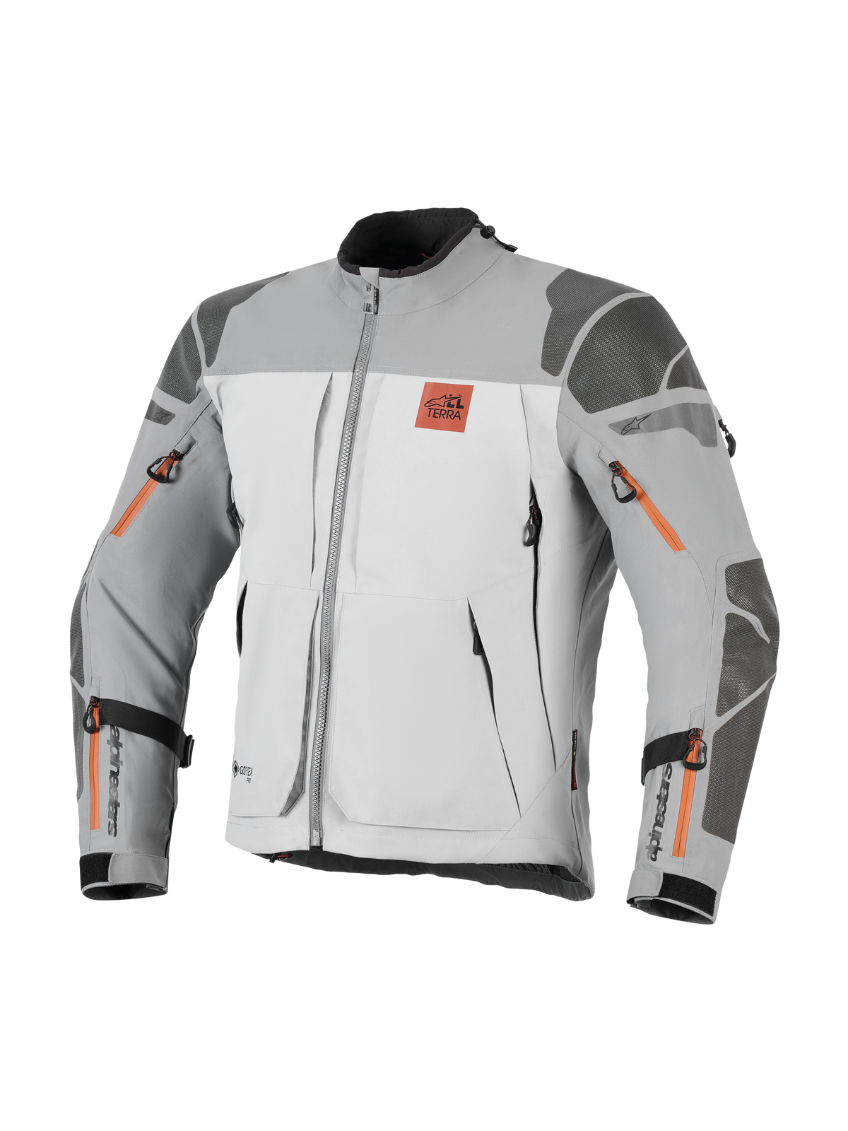 Veste Alpinestars Nazca 3L GORE-TEX PRO, veste de moto aventure, gris foncé et gris moyen avec des touches d'orange sur les fermetures éclair, arborant le logo All Terra sur la poitrine, renforts Superfabric aux épaules et aux coudes, multiples ouvertures de ventilation zippées, design touring robuste