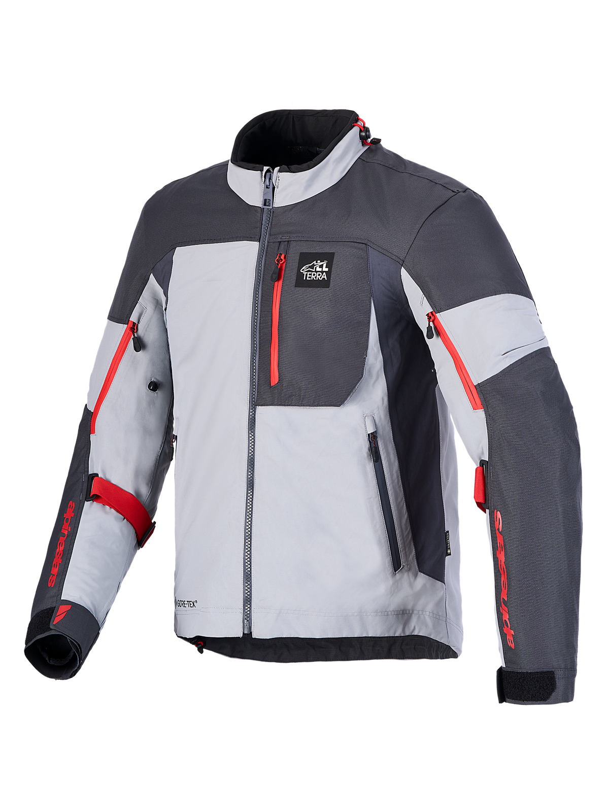Alpinestars Arenis Gore-Tex veste de moto adventure touring, gris, gris foncé et noir avec des accents rouges, certifiée CE avec construction laminée GORE-TEX