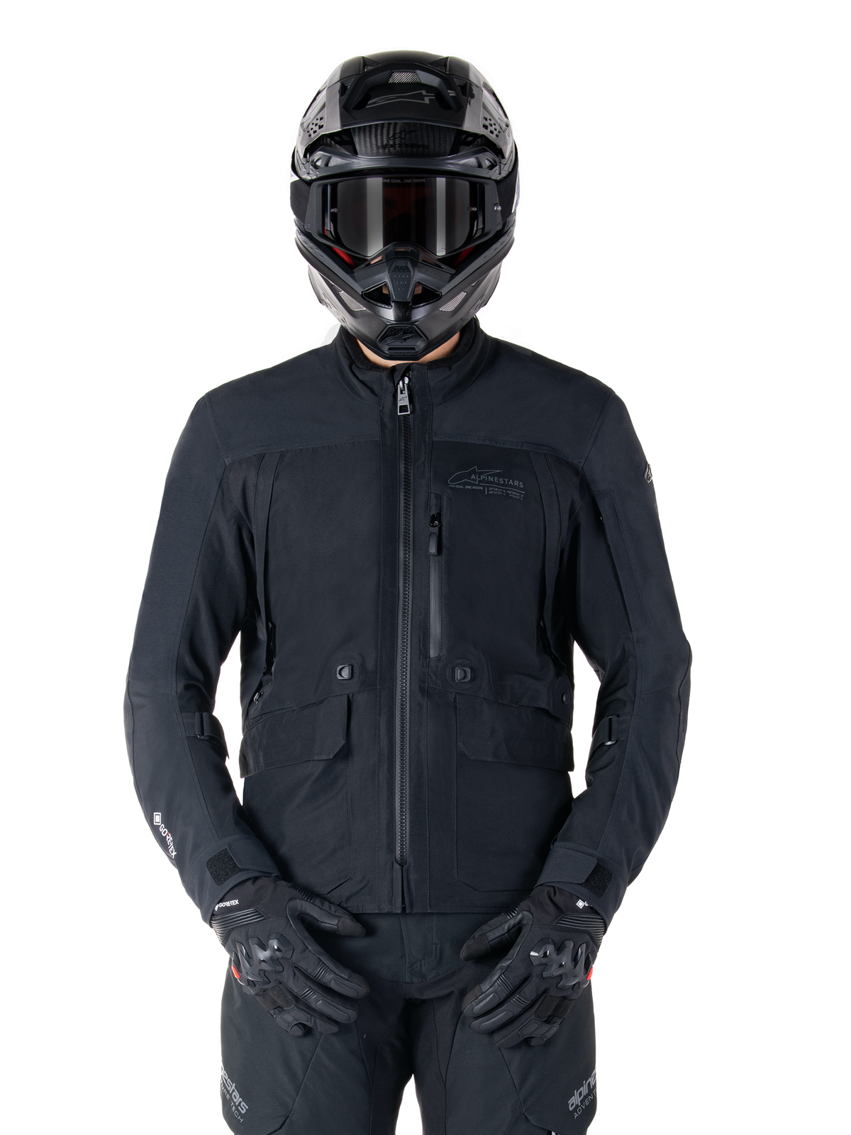 Alpinestars St-7 Prime GORE-TEX Jacket, Black Motorcycle Touring Jacket, Waterproof and Breathable, Front Zipper, Multiple Pockets, Worn with Matching Helmet and Gloves, Premium Protection for All-Weather Riding