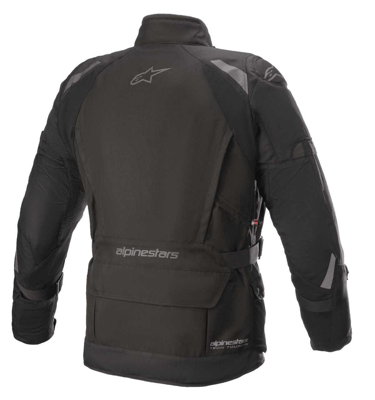 Veste Alpinestars Ketchum GORE-TEX, veste de moto, noire, vue arrière présentant une coupe touring allongée, détails réfléchissants sur les épaules et les bras, avec logos Alpinestars sur le haut du dos et au niveau de la taille.