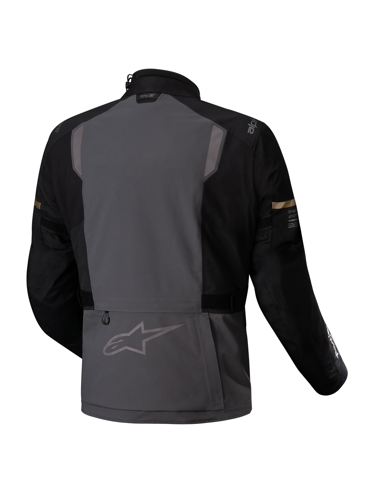 Alpinestars Veste ST-7 2L GORE-TEX, veste de moto adventure touring, vue de dos montrant les coloris gris foncé et noir avec des détails réfléchissants et une certification CE