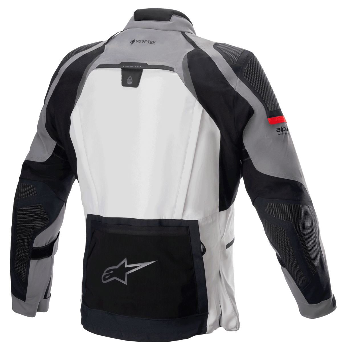 Veste Alpinestars Boulder GORE-TEX, vue arrière, gris foncé et gris glace, veste de moto technique de touring aventure avec grand panneau dorsal gris clair, poche utilitaire inférieure noire arborant le logo étoilé Alpinestars, marquage GORE-TEX sur le haut du dos et construction multi-matières durable.