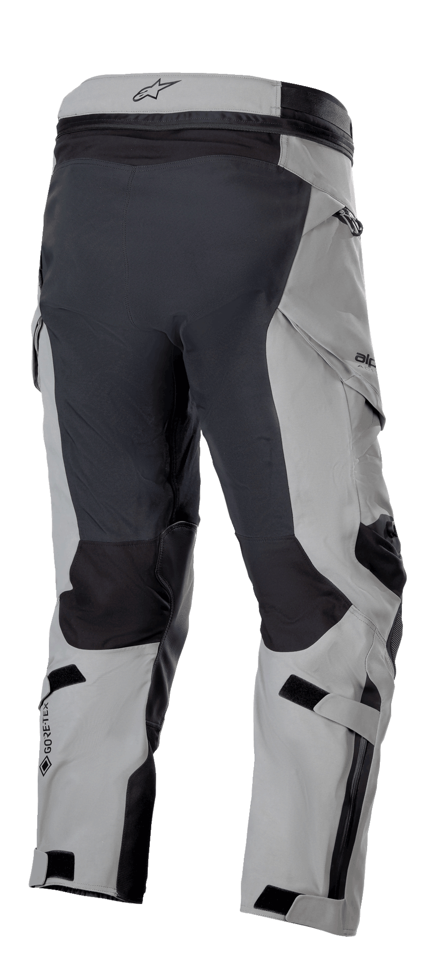 Pantalon Alpinestars Boulder 3L GORE-TEX, version courte, gris foncé et noir, vue arrière mettant en évidence les panneaux renforcés, le logo GORE-TEX, les sangles de réglage et le design ergonomique dérivé du motocross